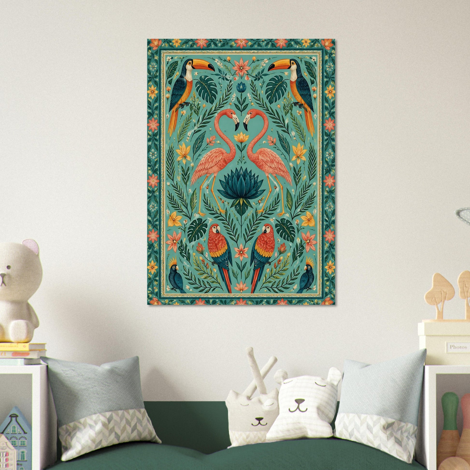 Teal and coral flamingo folk art poster displayed in contemporary bedroom with monochrome interior