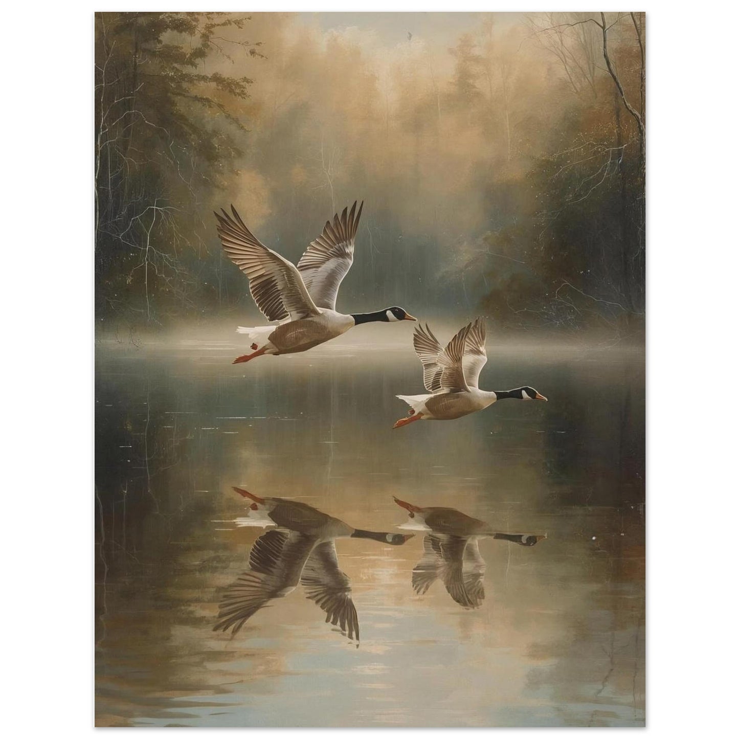 Poster of Two geese flying over a reflective lake with a misty forest background