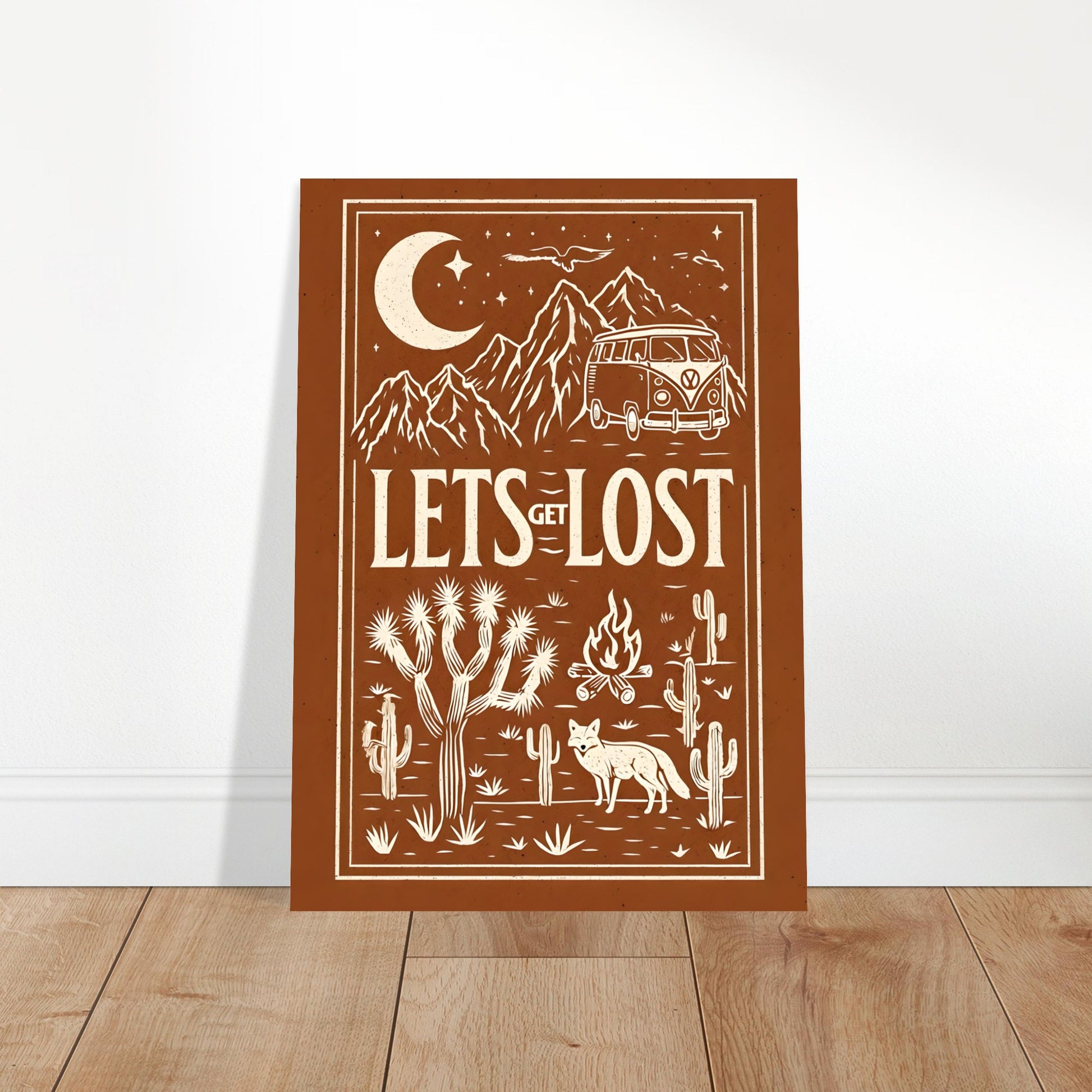 Poster with desert scene and 'Let's Get Lost' text on a brown background
