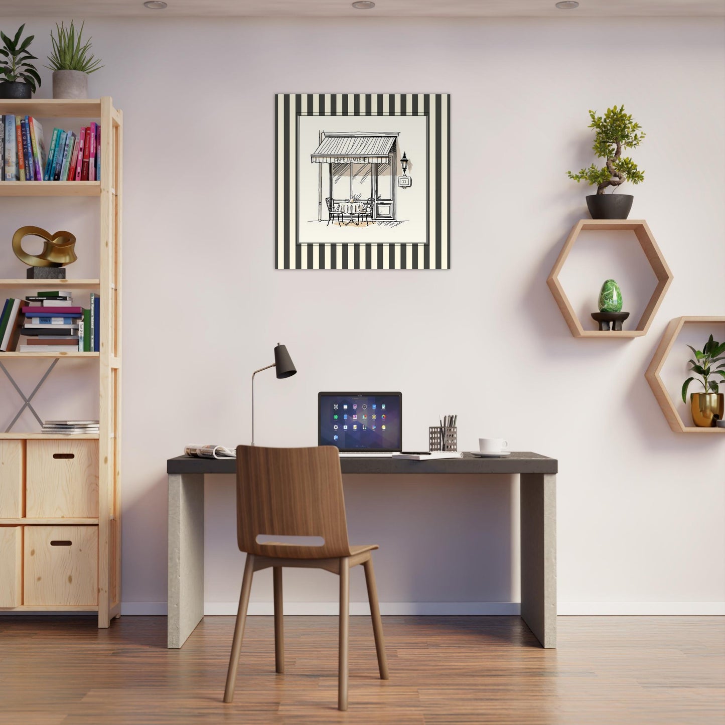 Café Lumière Paris print styled above desk in minimalist home office