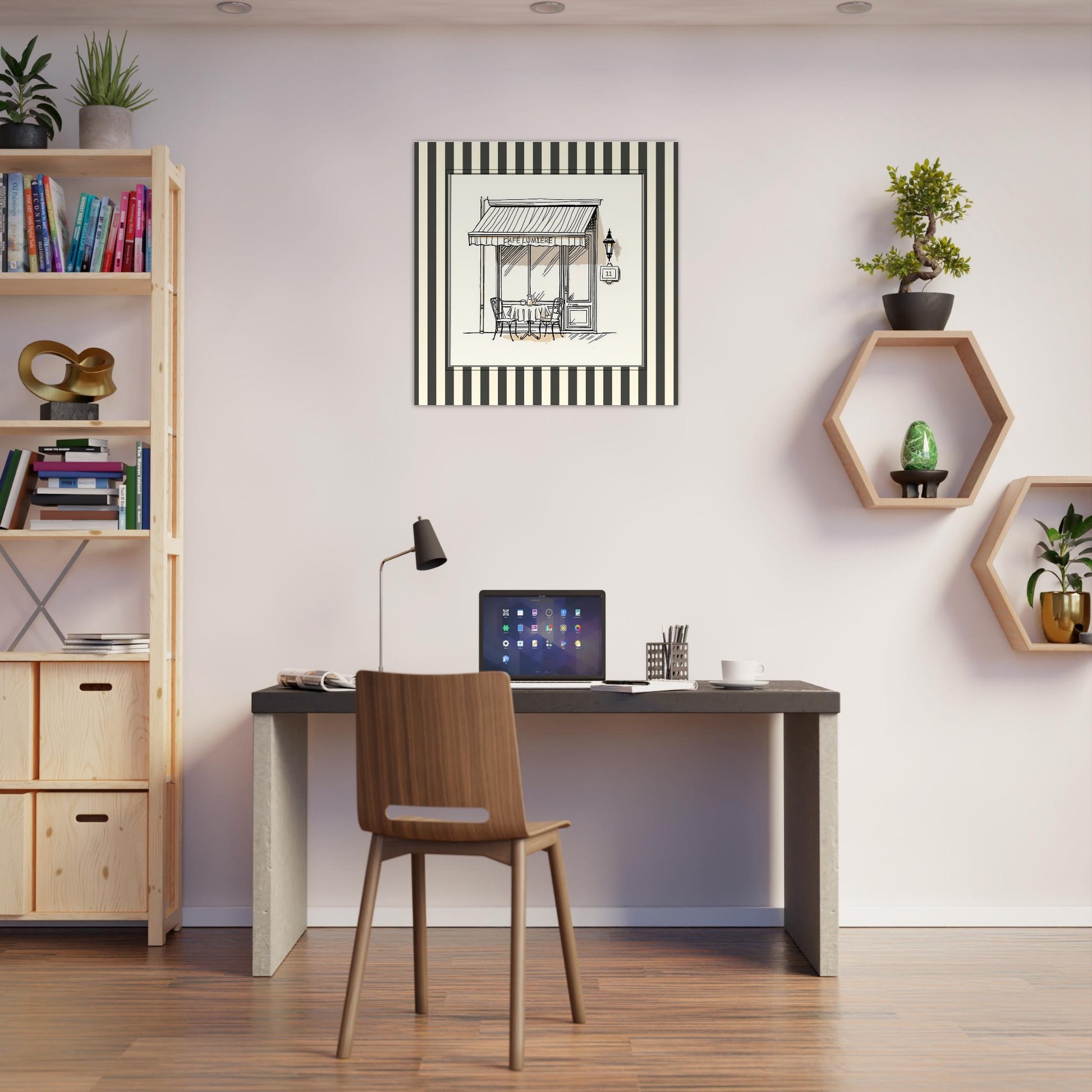 Café Lumière Paris print styled above desk in minimalist home office