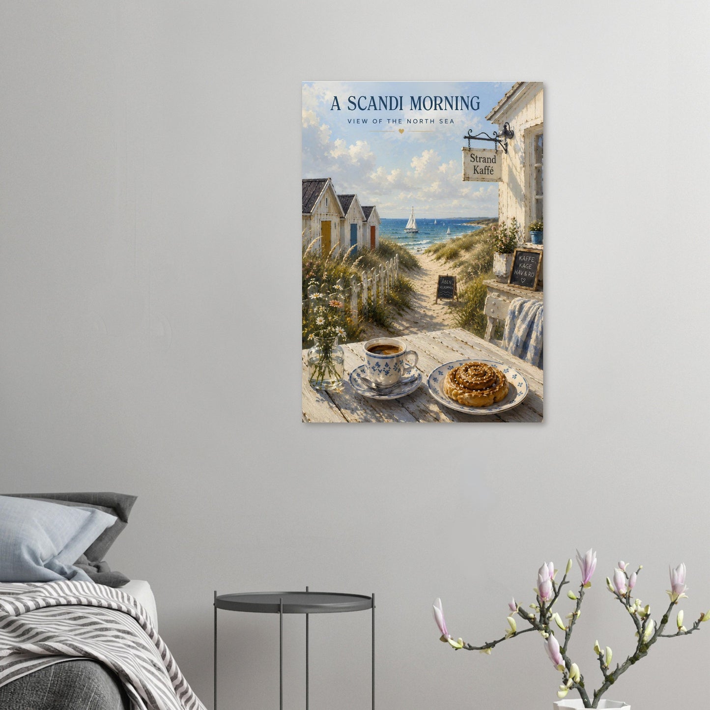 Scandi Morning artwork displayed above a bed in a calm neutral bedroom interior