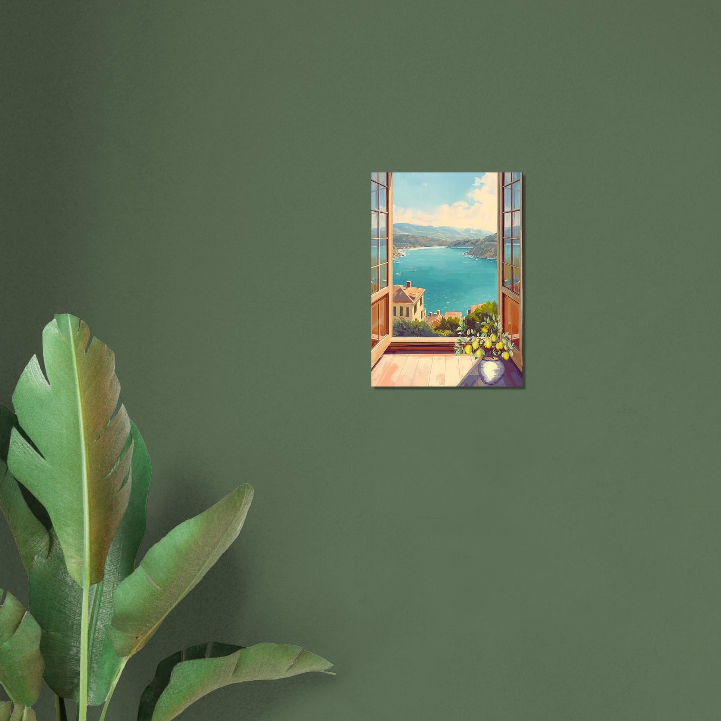 Painting of a Coastal window view wall art with a plant on a green wall