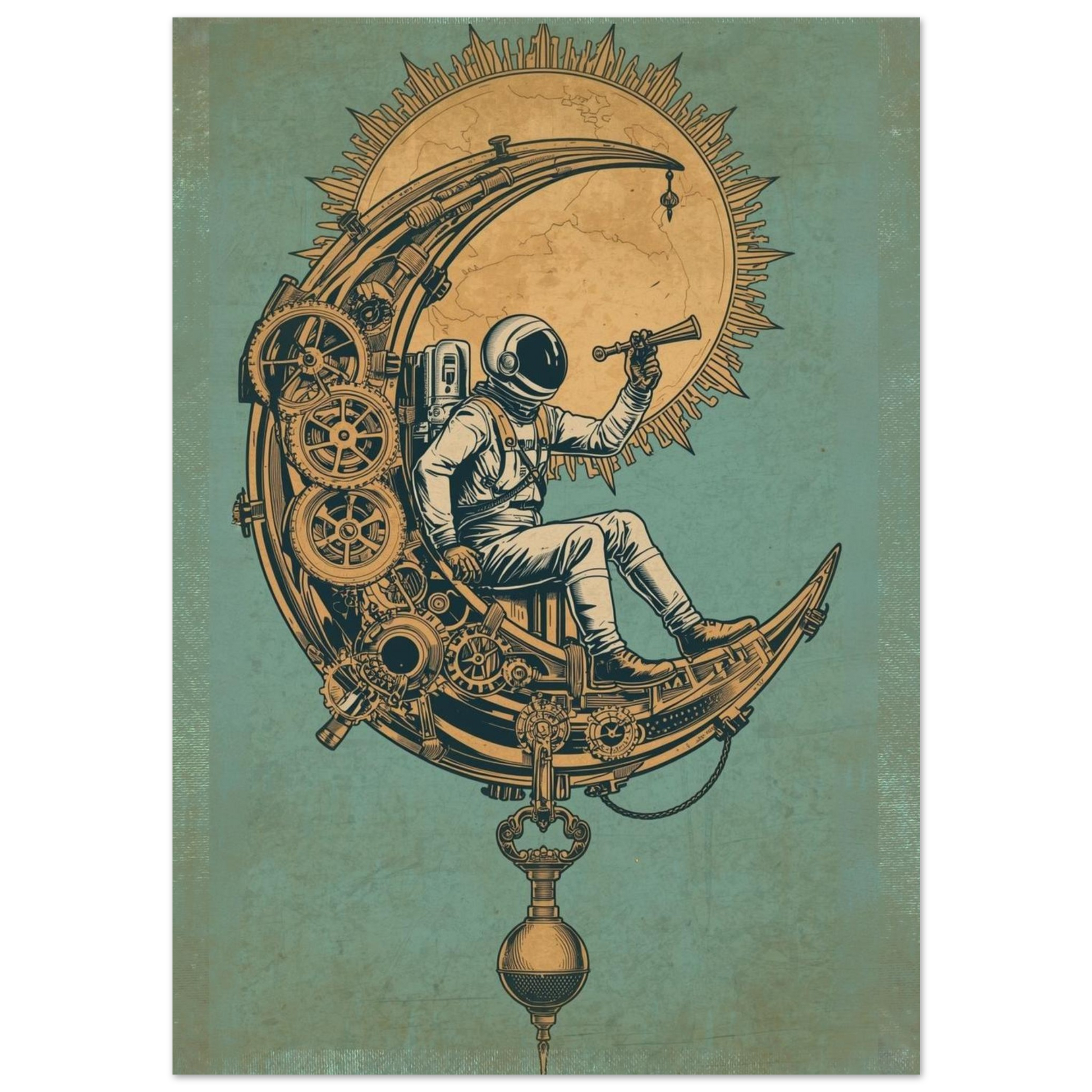 Illustration of an astronaut on a mechanical moon with gears and a telescope, on a textured green background.
