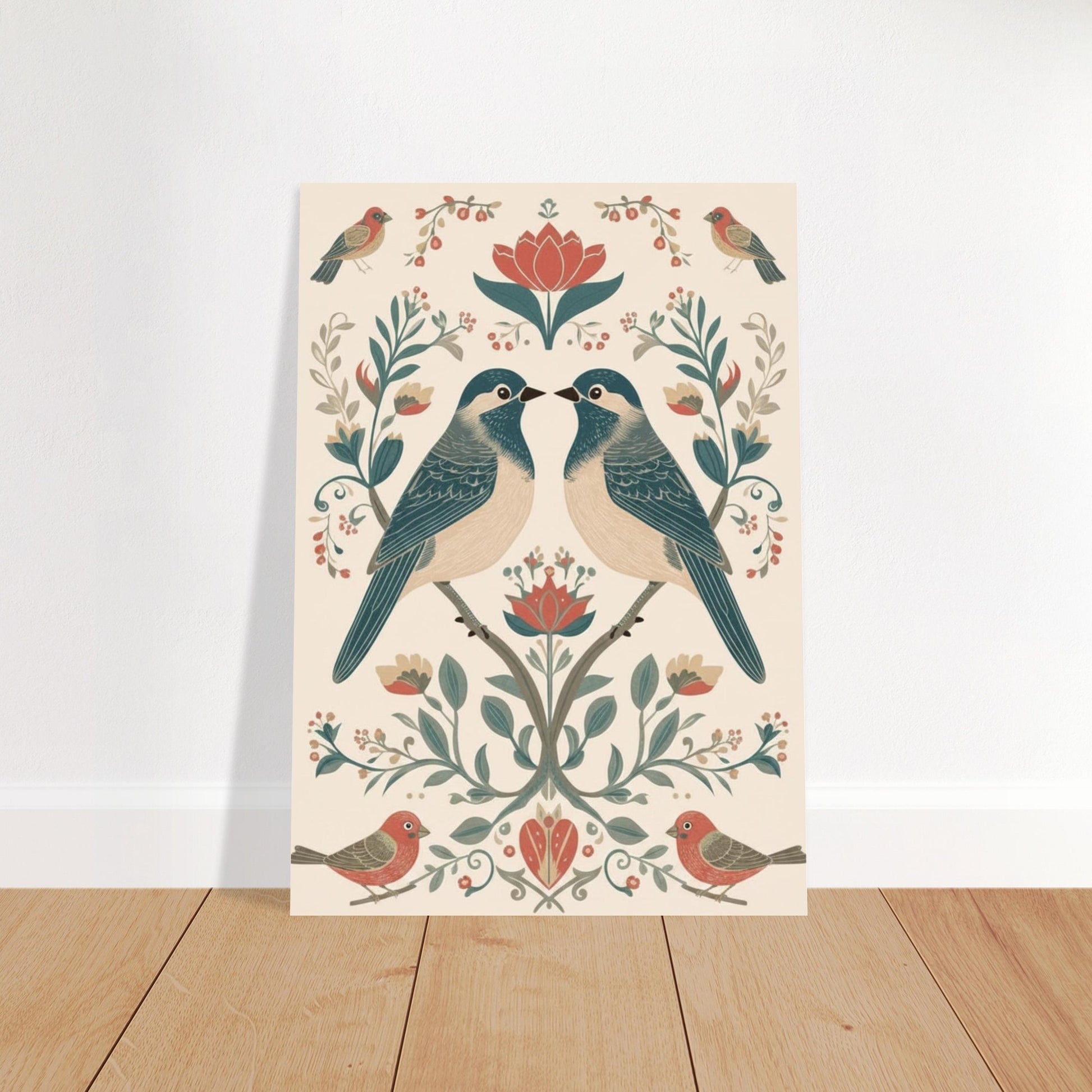 Scandinavian bird poster with botanical elements displayed on wooden floor against neutral wall