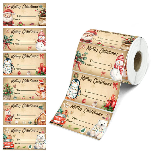 Roll of Christmas-themed labels with Santa, snowman, penguin, and polar bear designs.