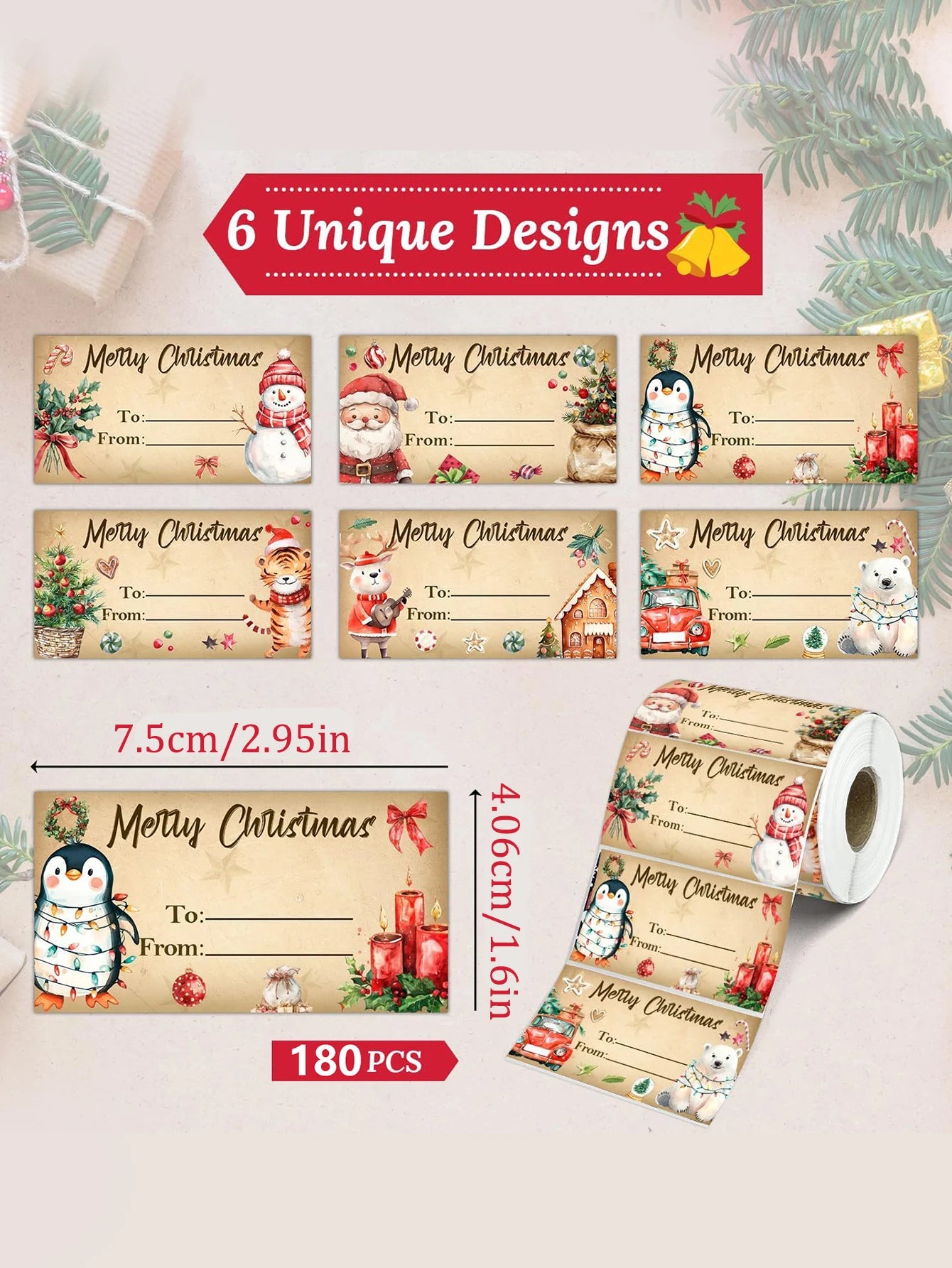 Roll of Christmas-themed gift tags with various designs on a light background.