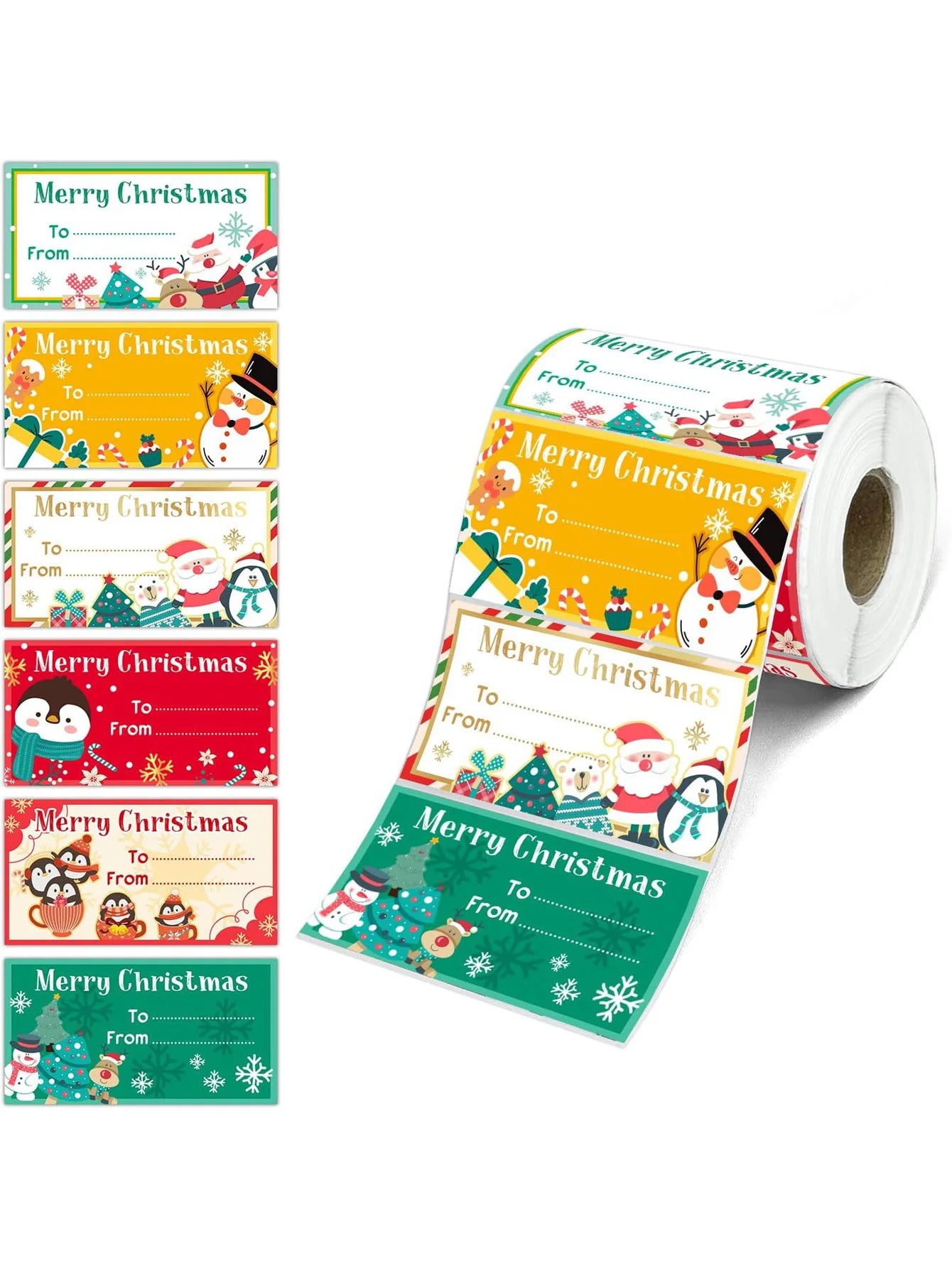 Roll of Christmas-themed gift tags with various designs on a white background