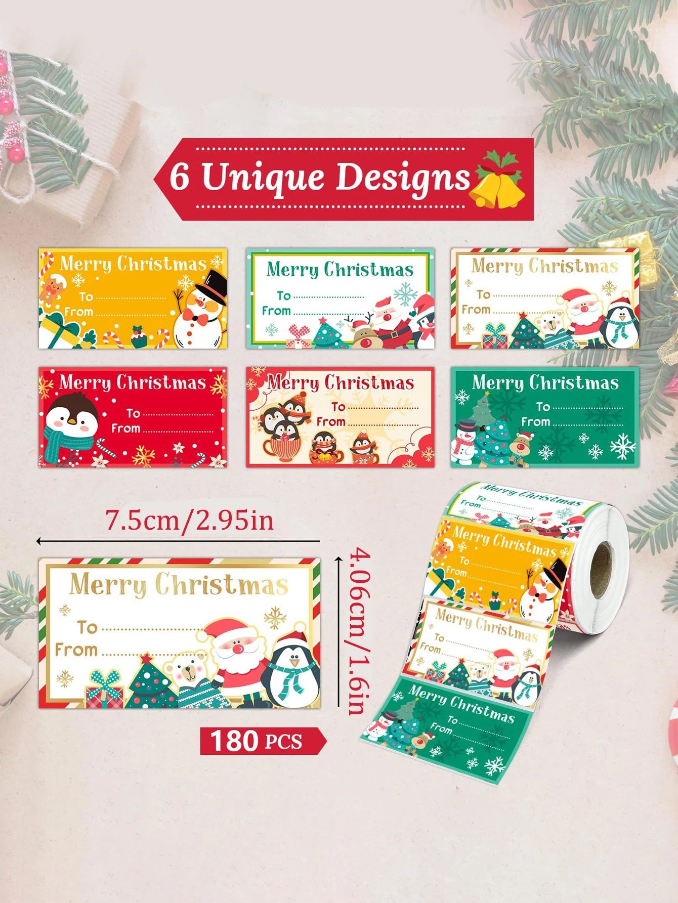 Set of Christmas-themed gift tags with various designs on a light background.
