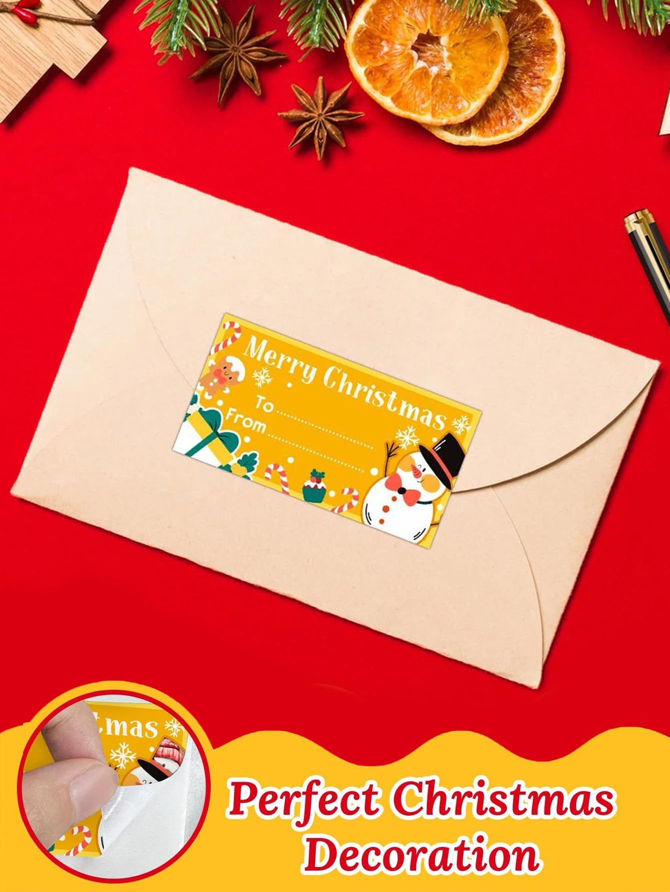 Christmas gift tag with snowman design on a brown envelope against a red background.