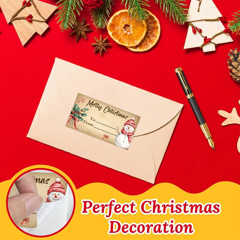 Christmas-themed gift tag with envelope and pen on a red background