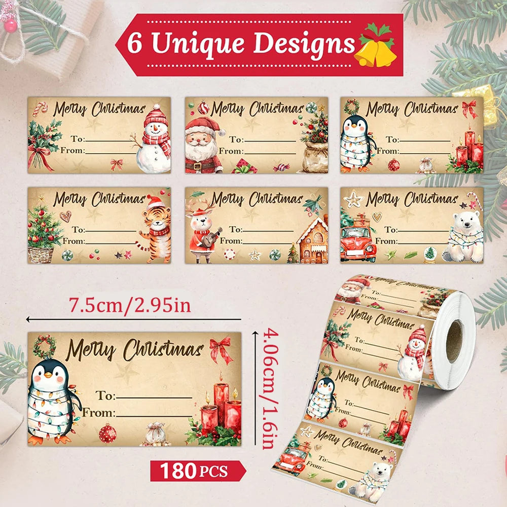 Roll of Christmas-themed labels with various designs and dimensions displayed.