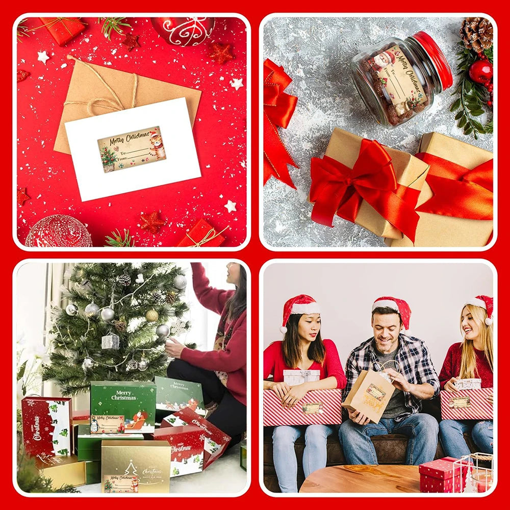 Collage of Christmas-themed images including gift cards, wrapped gifts, and people celebrating.