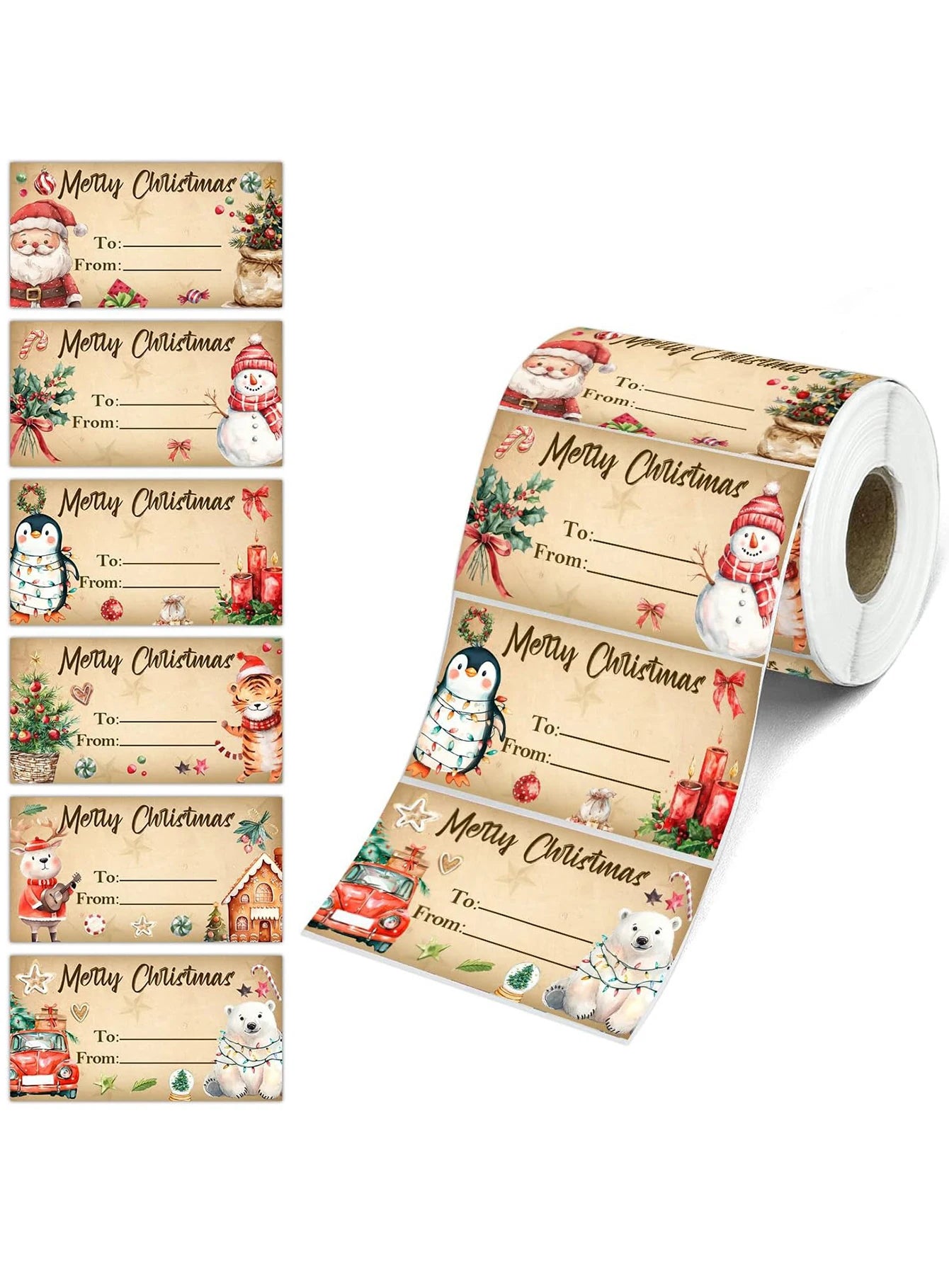 Roll of Christmas-themed gift tags with various designs on a white background