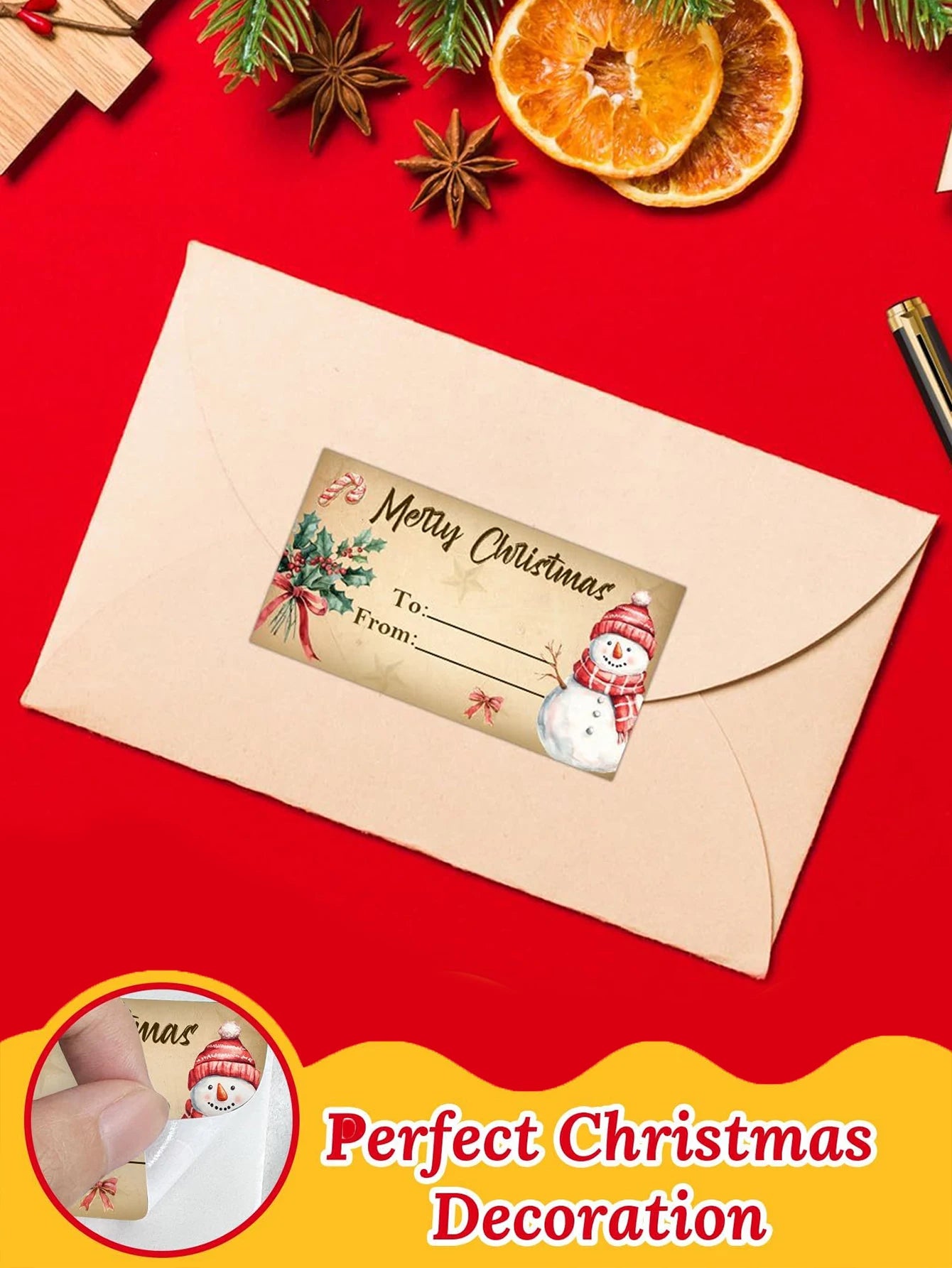 Christmas gift tag with snowman design on a beige envelope against a red background.