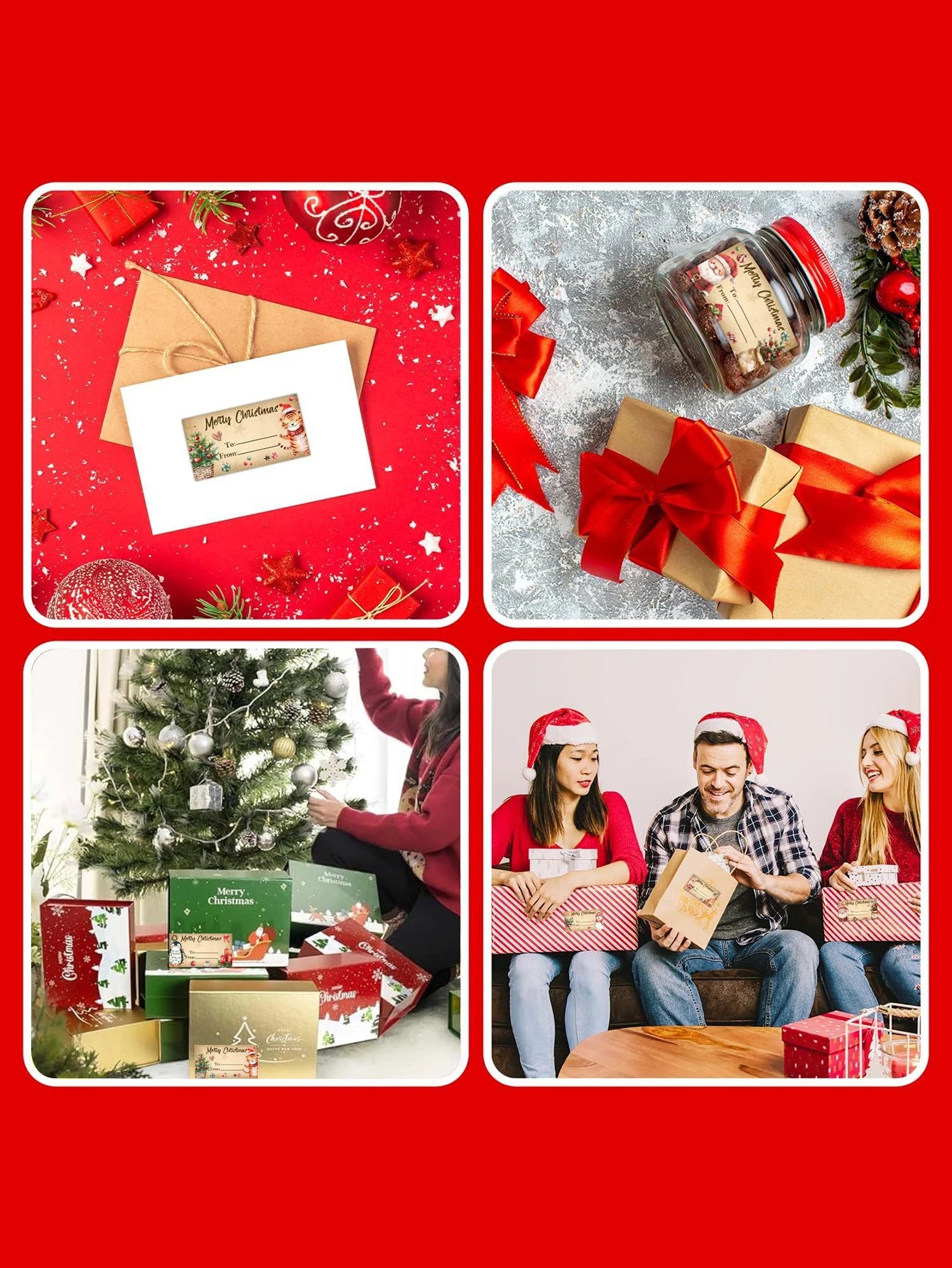 Collage of Christmas-themed images including cards, gifts, and people celebrating.