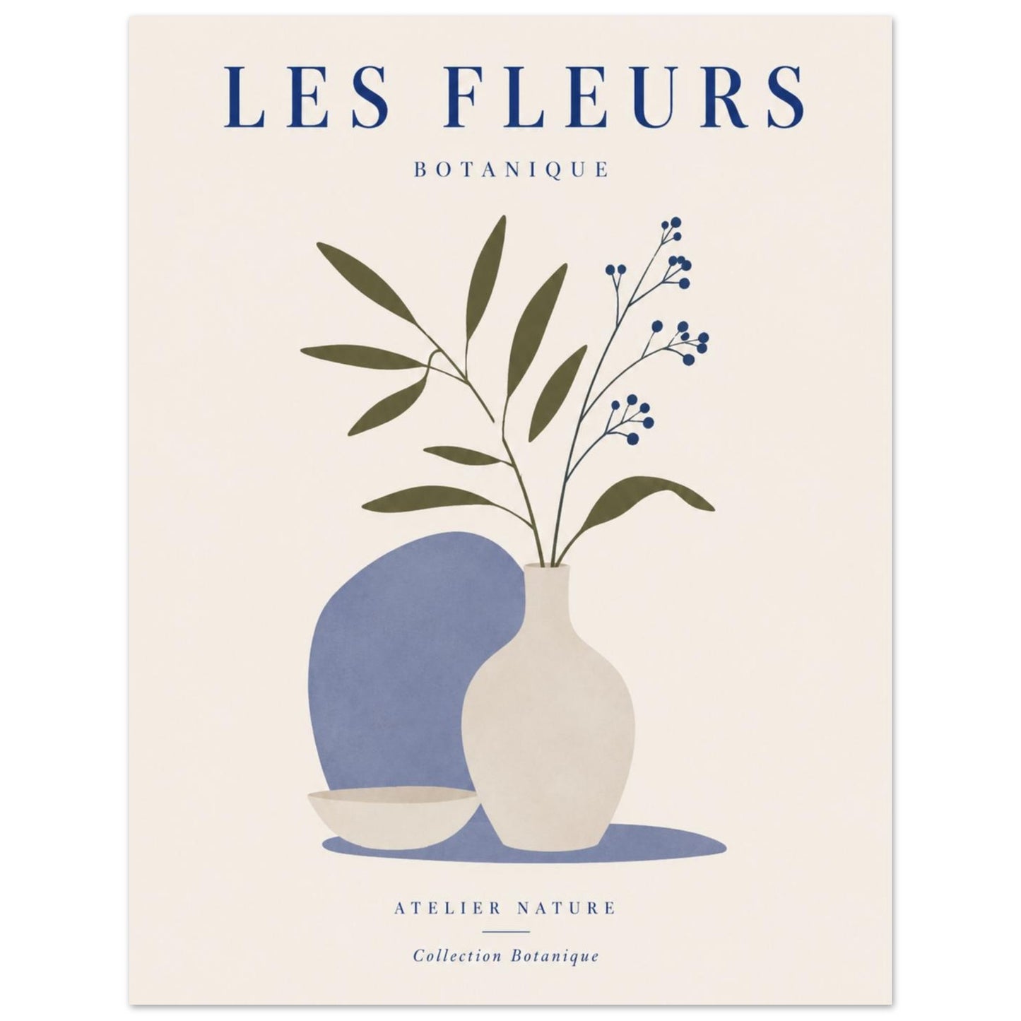 Close-up of Les Fleurs minimalist botanical print with blue vase and elegant floral stems