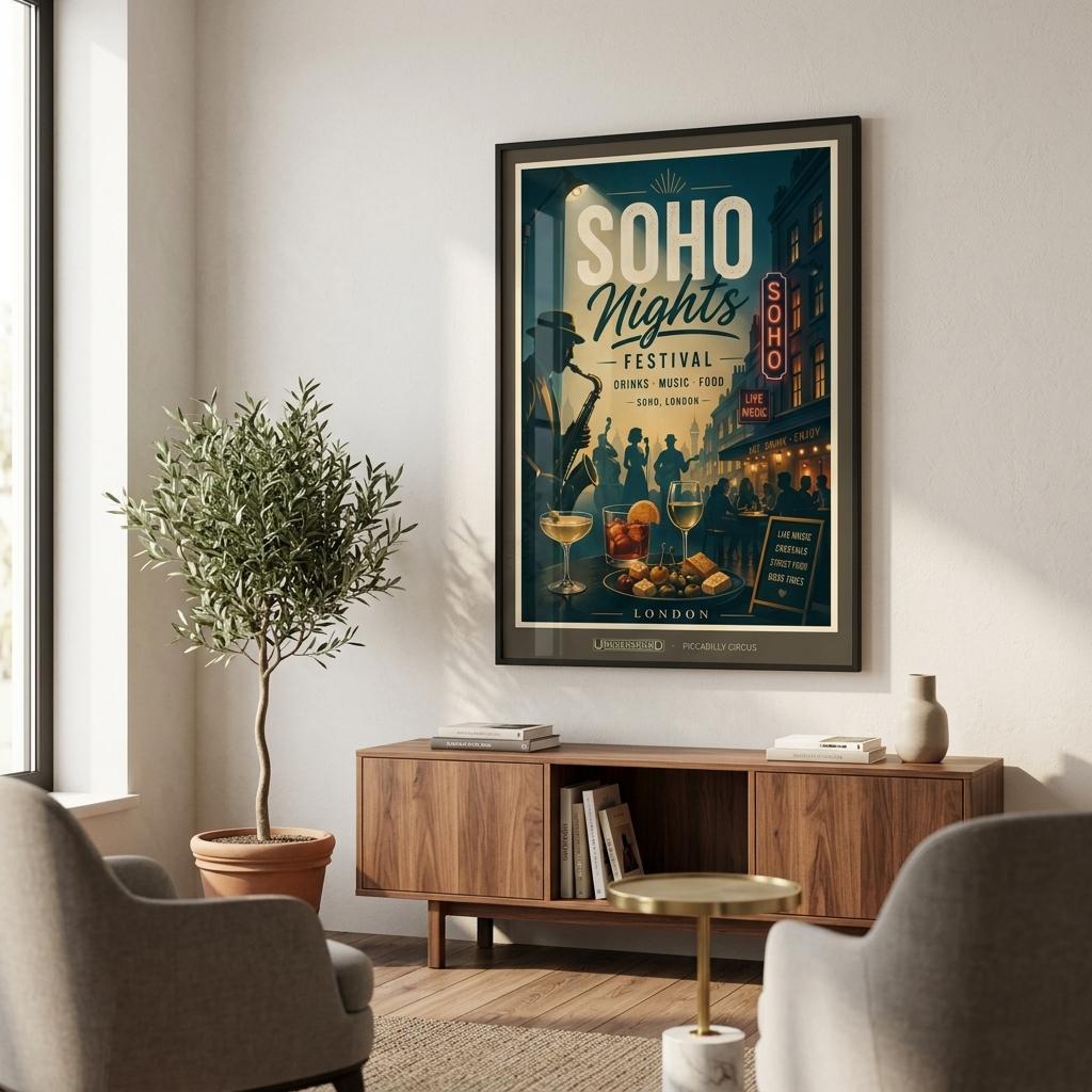 Framed poster of 'Soho Nights Festival' in a living room setting with a plant and wooden cabinet.
