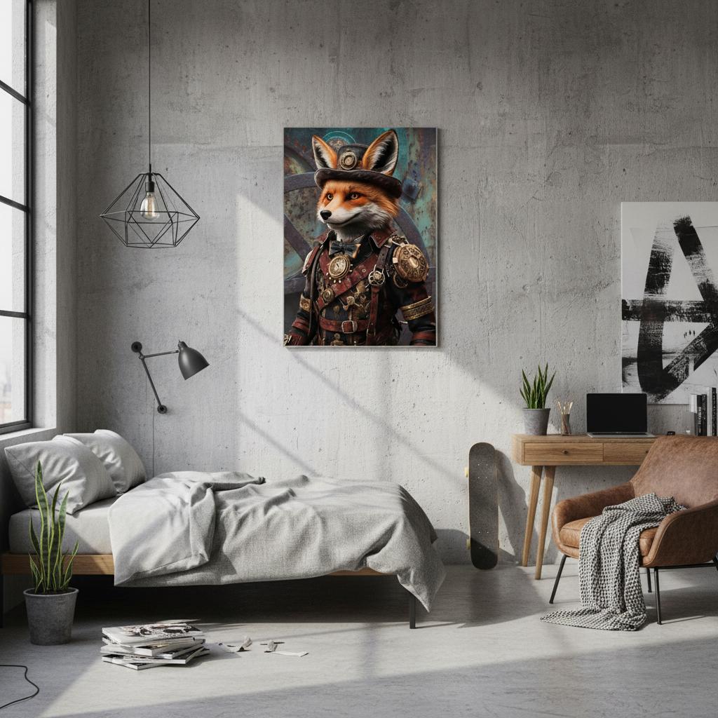 Steampunk fox painting on a wall in a modern living room.