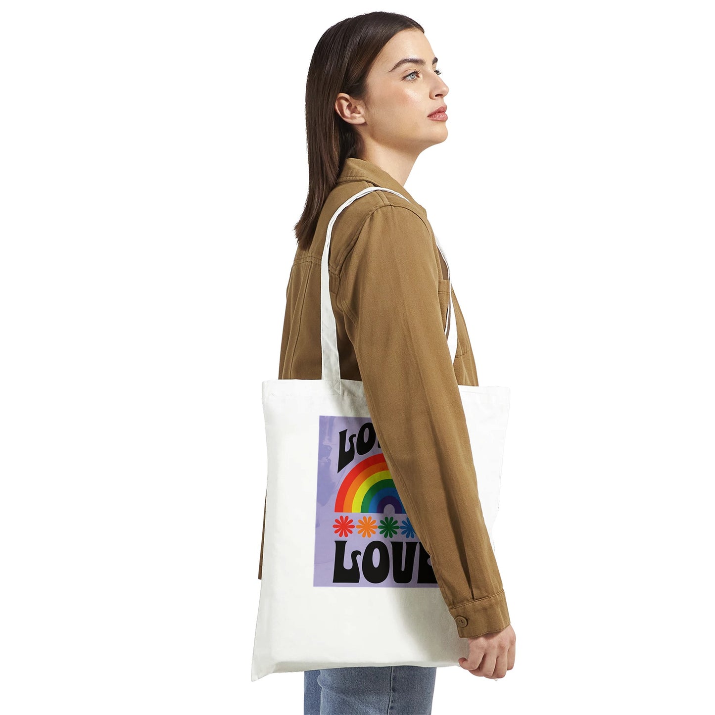 Love Is Love Tote Bag – LGBTQ+ Pride Rainbow Shopper Bag | Eco-Friendly Reusable Cotton Tote with Retro 70s Style Design