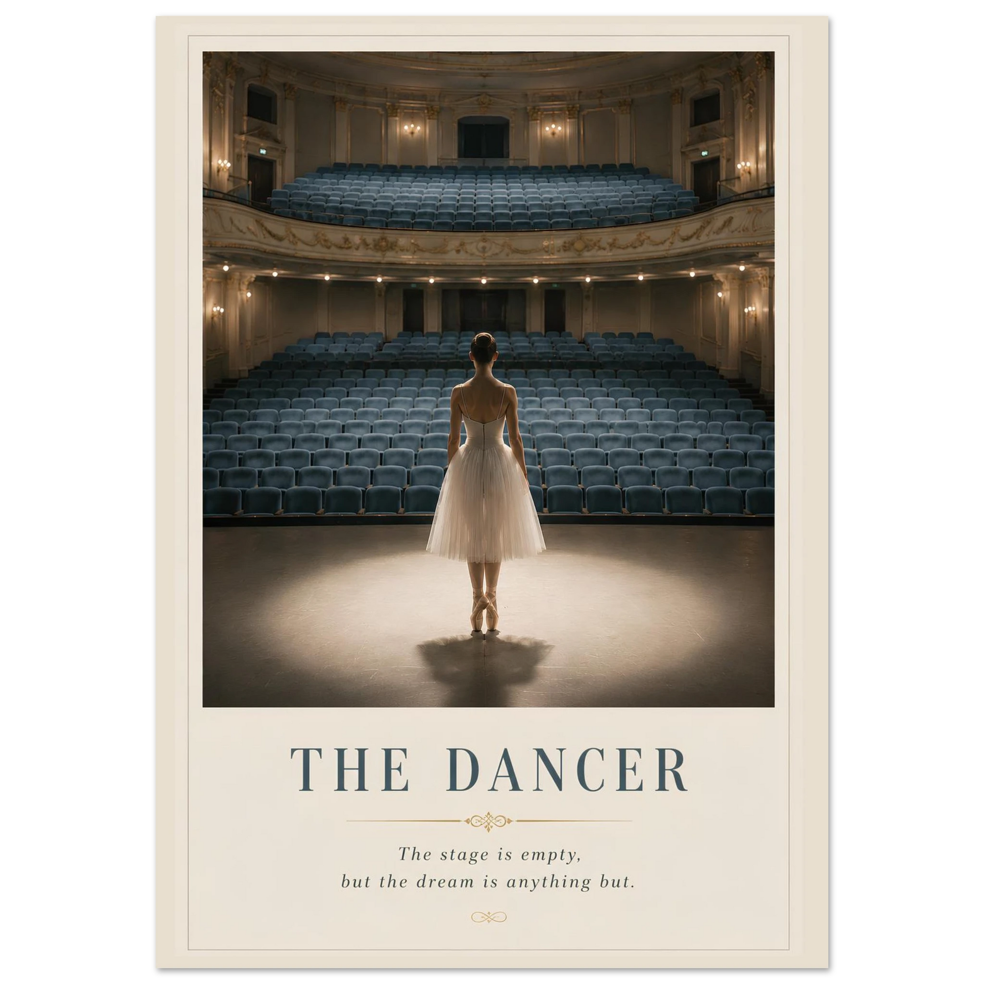 Poster of a dancer in an empty theater with text 'The Dancer' and 'The stage is empty, but the dream is anything but.'
