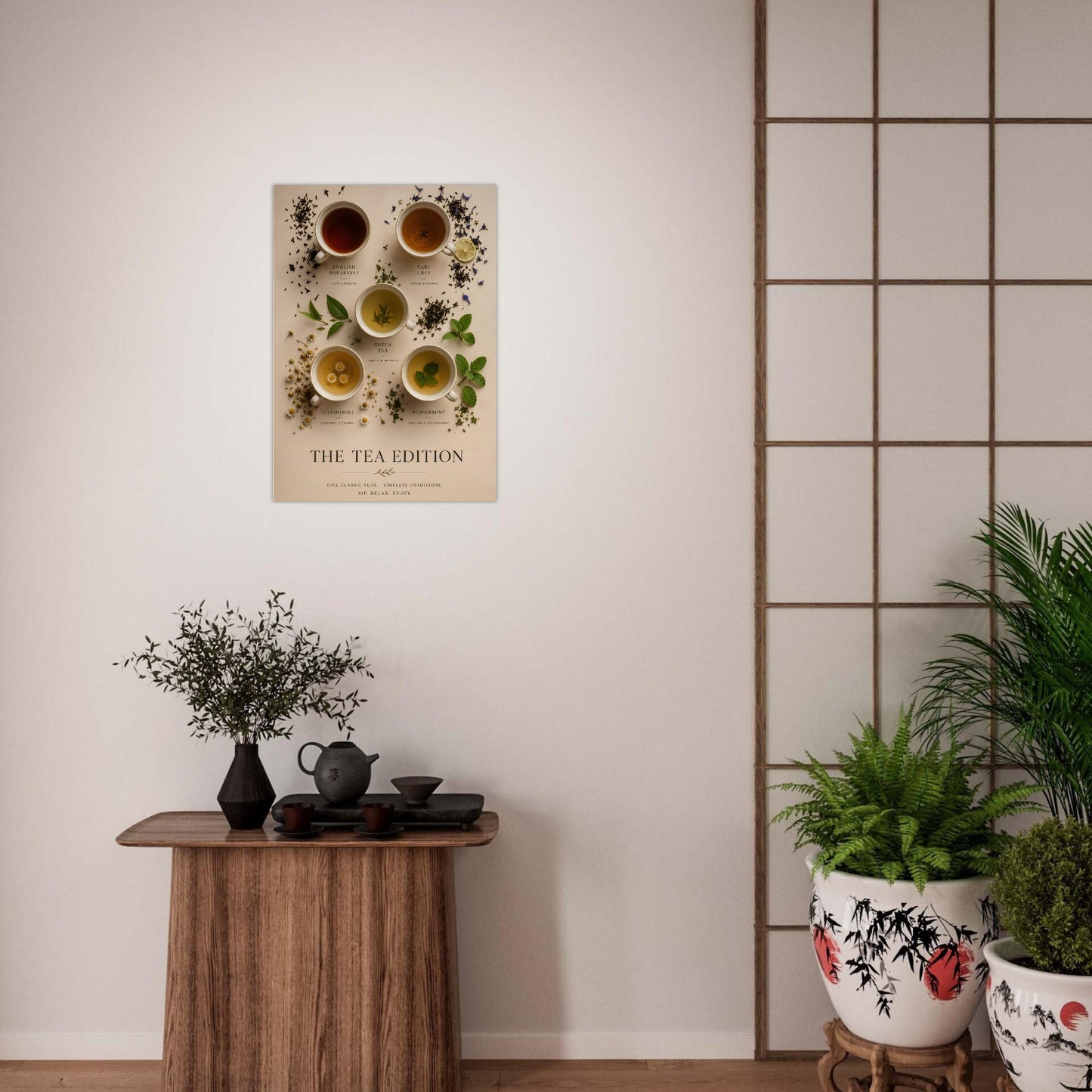 Poster of tea cups on a wall above a wooden table with plants in a room.