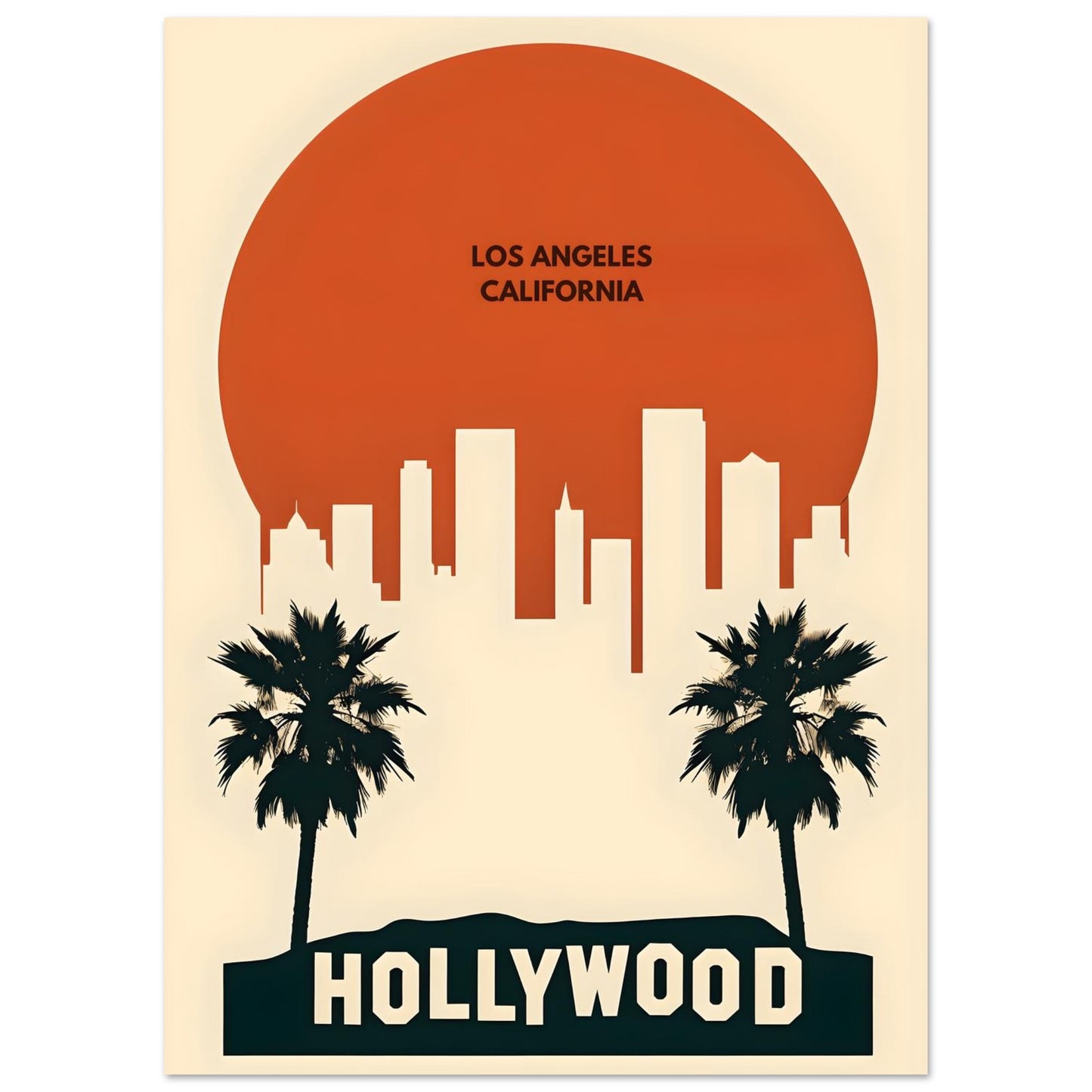 Poster of Los Angeles skyline with palm trees and 'Hollywood' text.