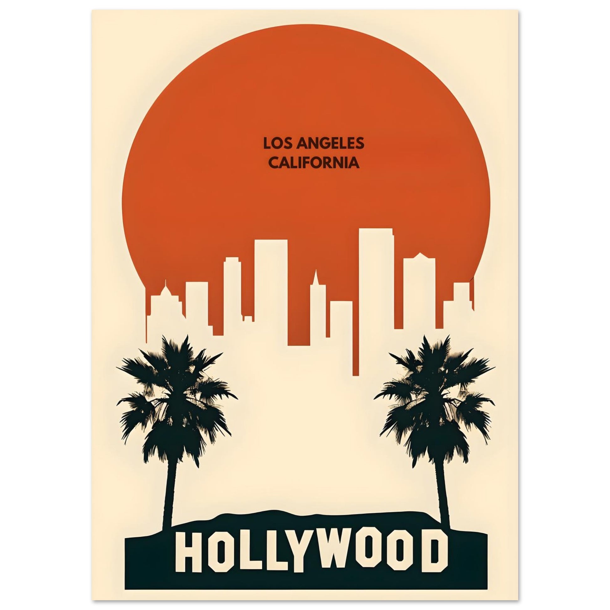 Poster of Los Angeles skyline with palm trees and 'Hollywood' text.