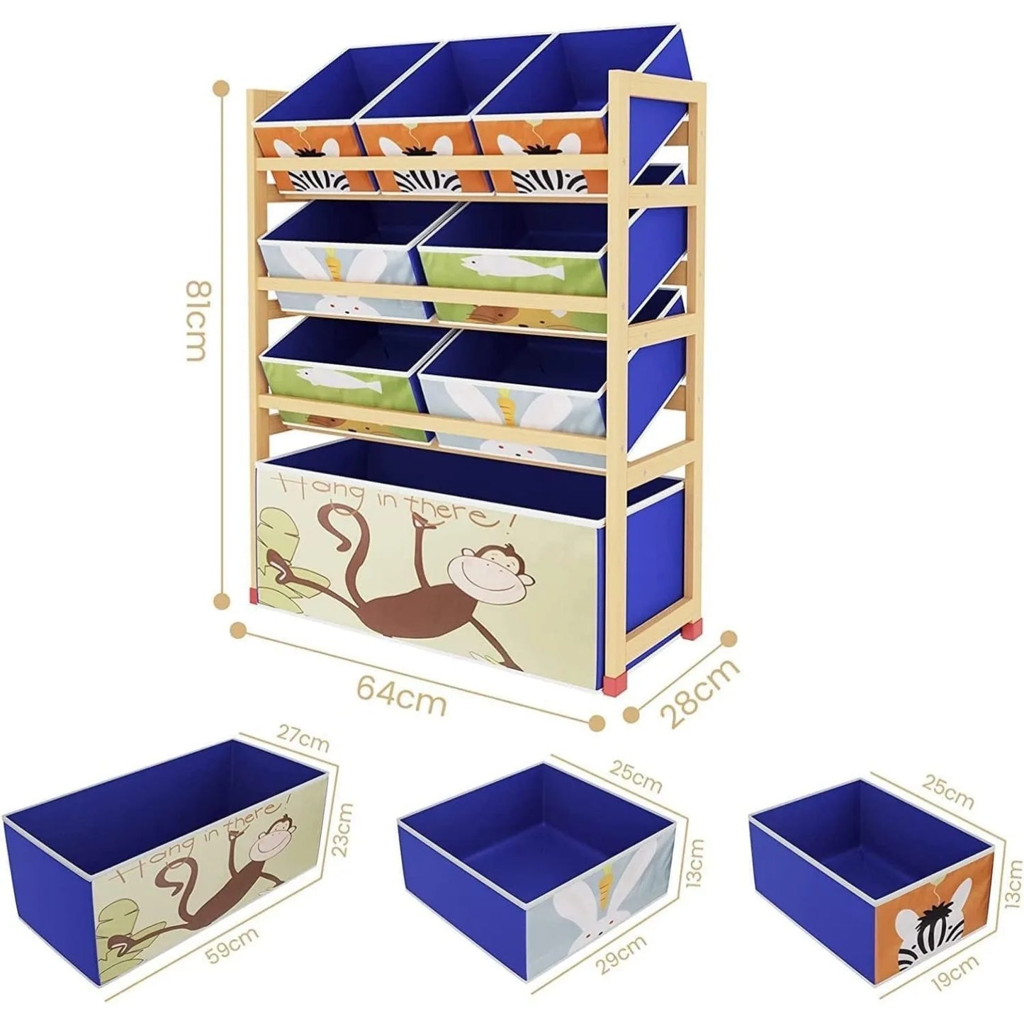 4 Tier Children'S Toy Organiser Shelf with 8 Removable Fabric Bins Boxes, Wooden Toy Organiser Rack for Nursery Playroom