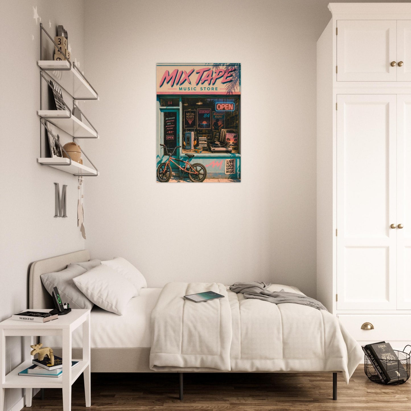 Modern bedroom with a bed, nightstand, and wall art of a Mix Tape retro music store poster