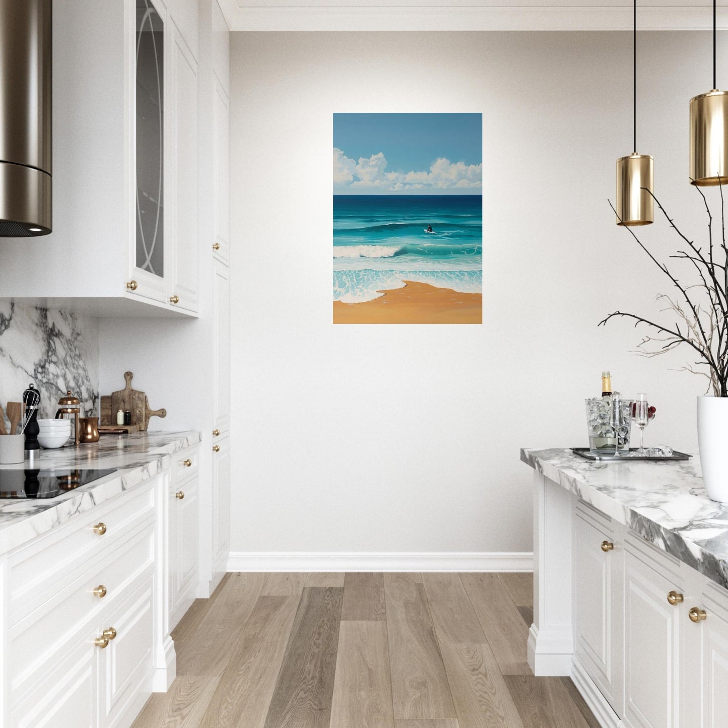 Modern kitchen with white cabinets, marble countertops, and a beach-themed painting on the wall.