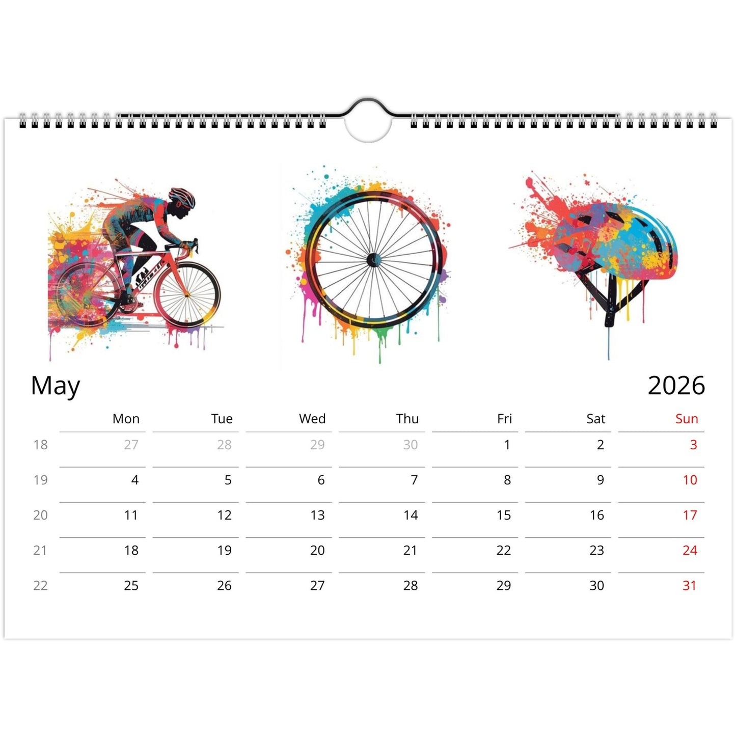 Calendar for May 2026 with colorful bicycle-themed designs on a white background