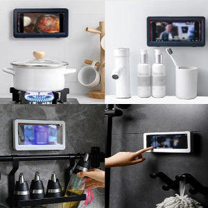 Wall-mounted waterproof mobile phone holder used in bathroom and kitchen settings, shown with hands-free phone viewing while cooking and washing.