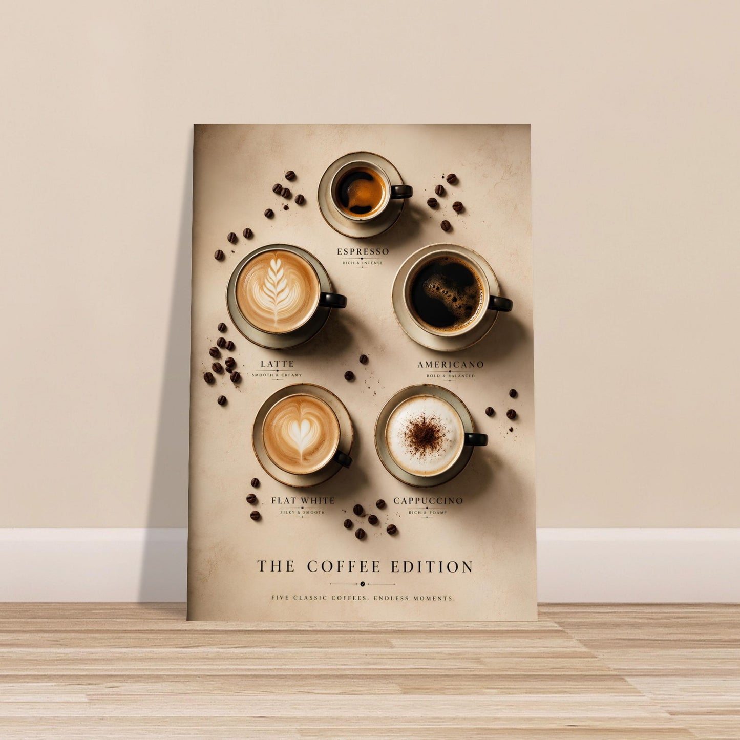Poster of coffee cups with different types of coffee on a beige background