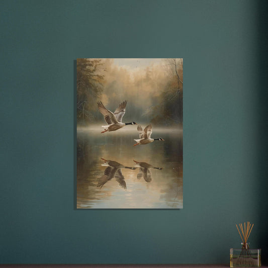 Canvas print of geese flying over a lake on a teal wall.