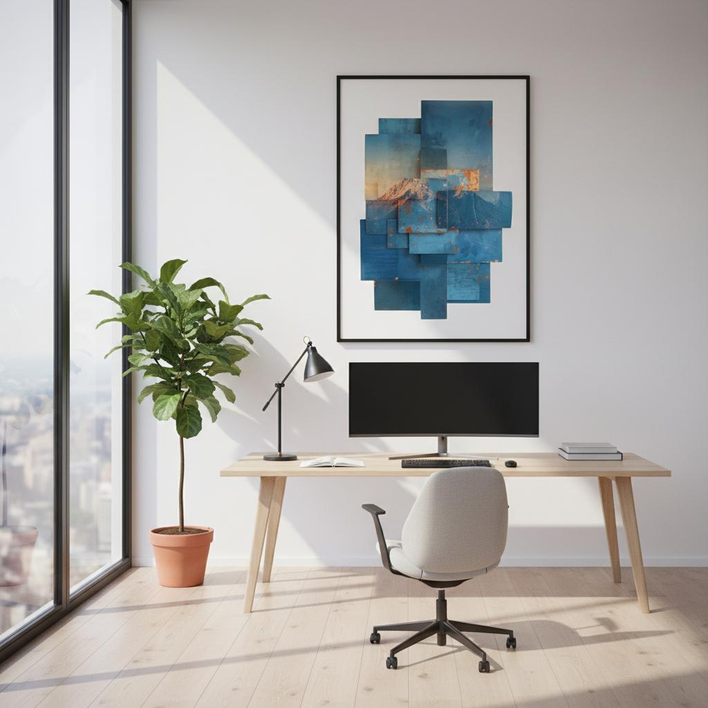 Modern office desk with a computer, chair, and abstract art on a wall.