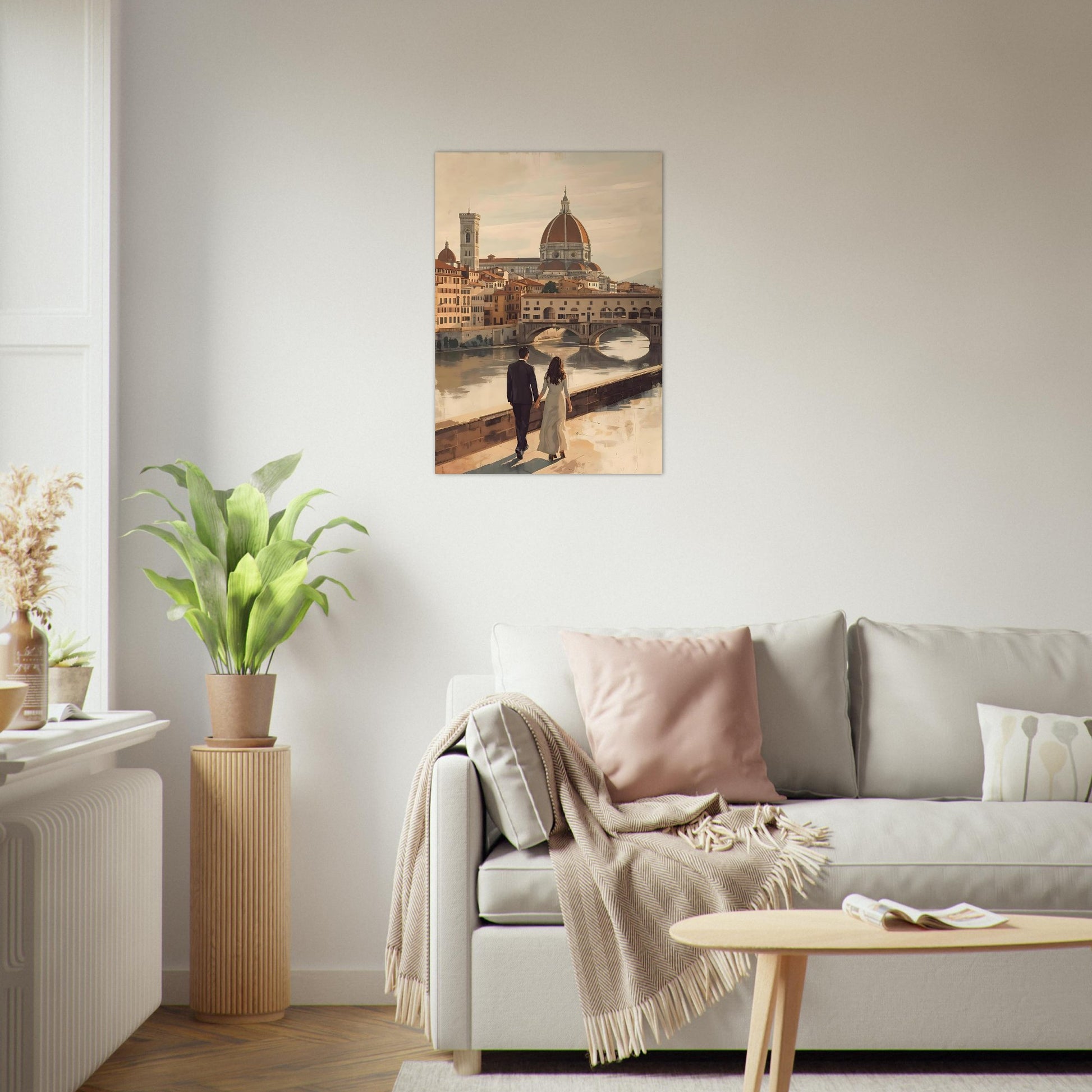 Romantic Florence wall art featuring a couple by the Arno River with the Duomo and Ponte Vecchio in warm vintage tones. Elegant Italian city decor.