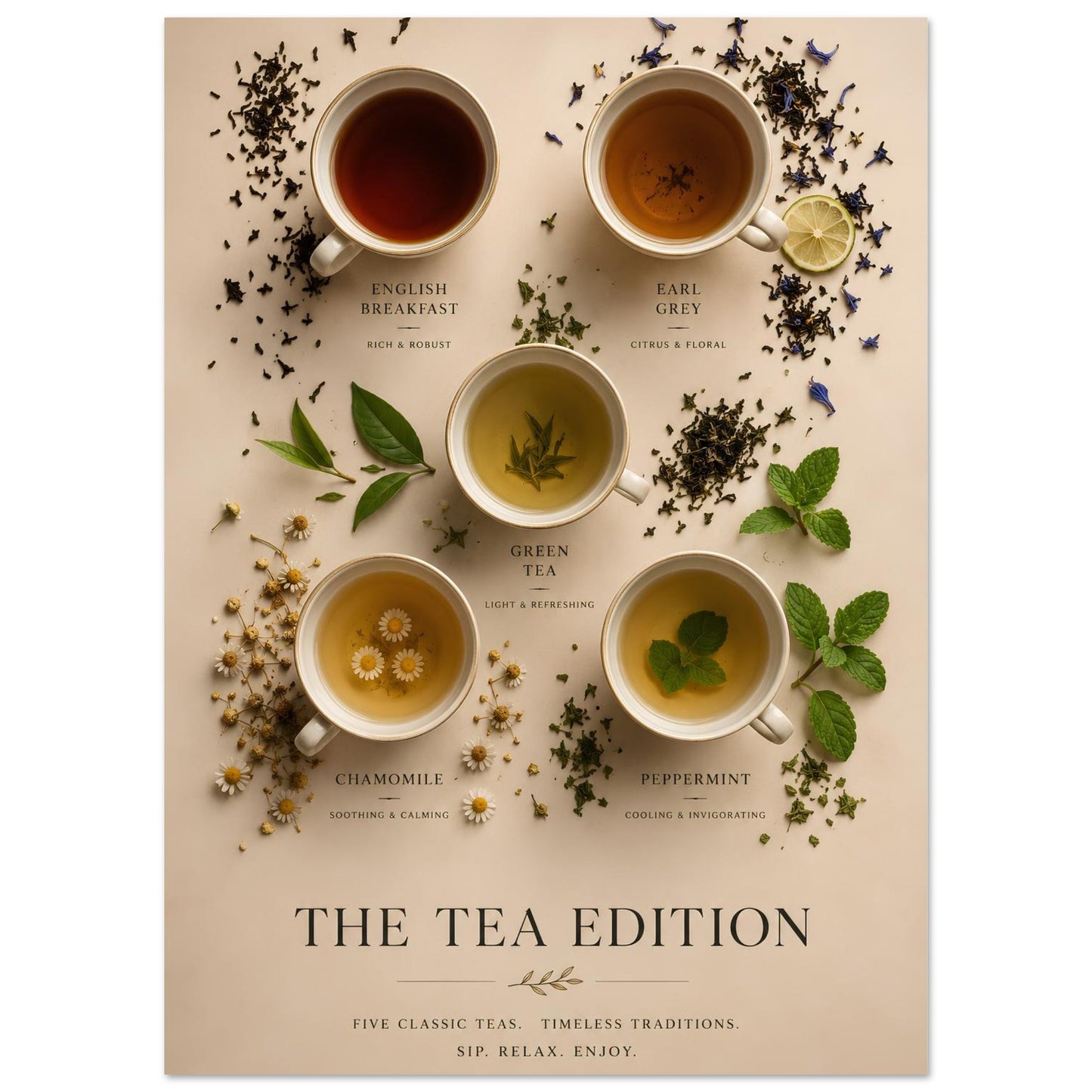 Tea Edition Poster close-up showing five classic teas with botanical elements, loose tea leaves and warm neutral tones.