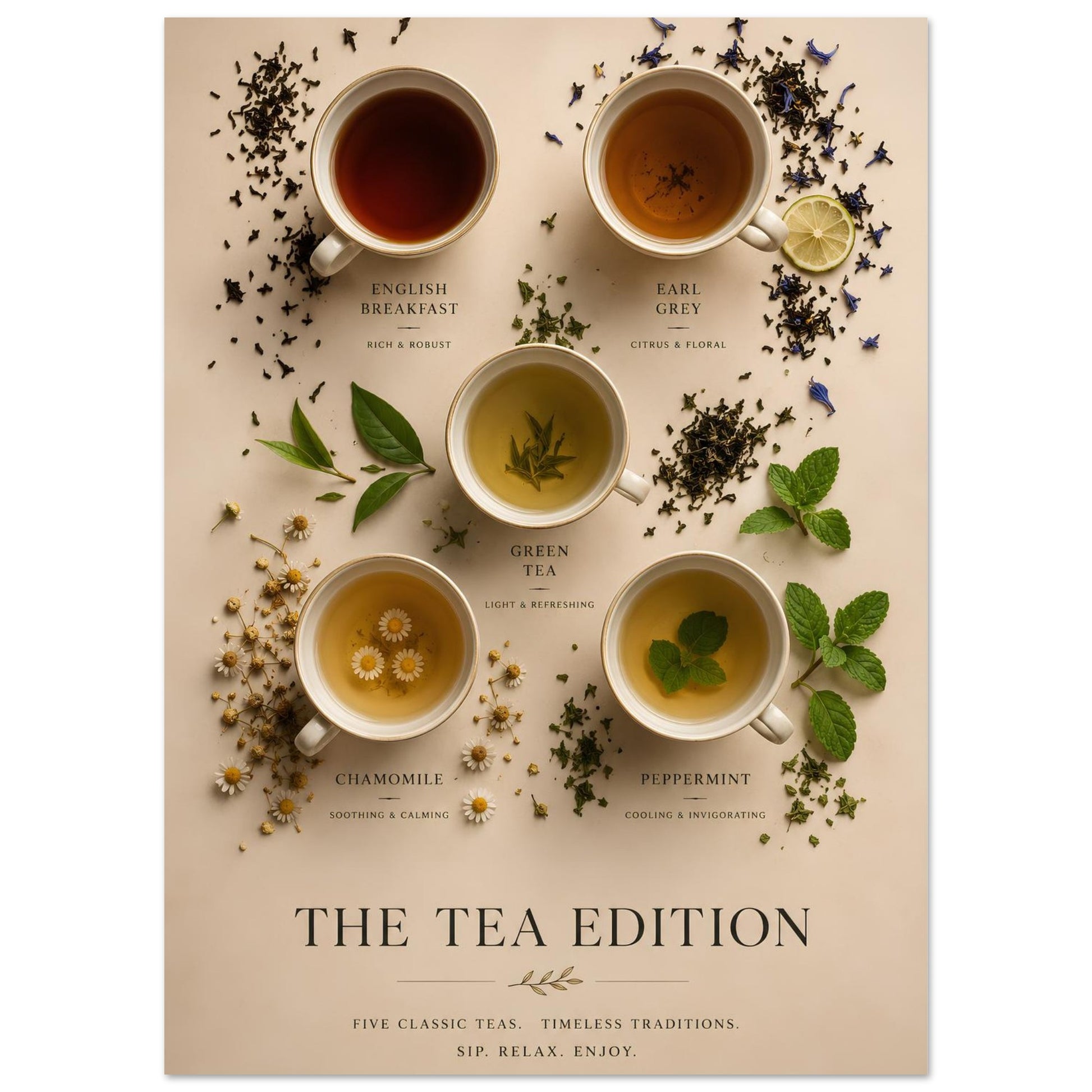 Tea Edition Poster close-up showing five classic teas with botanical elements, loose tea leaves and warm neutral tones.