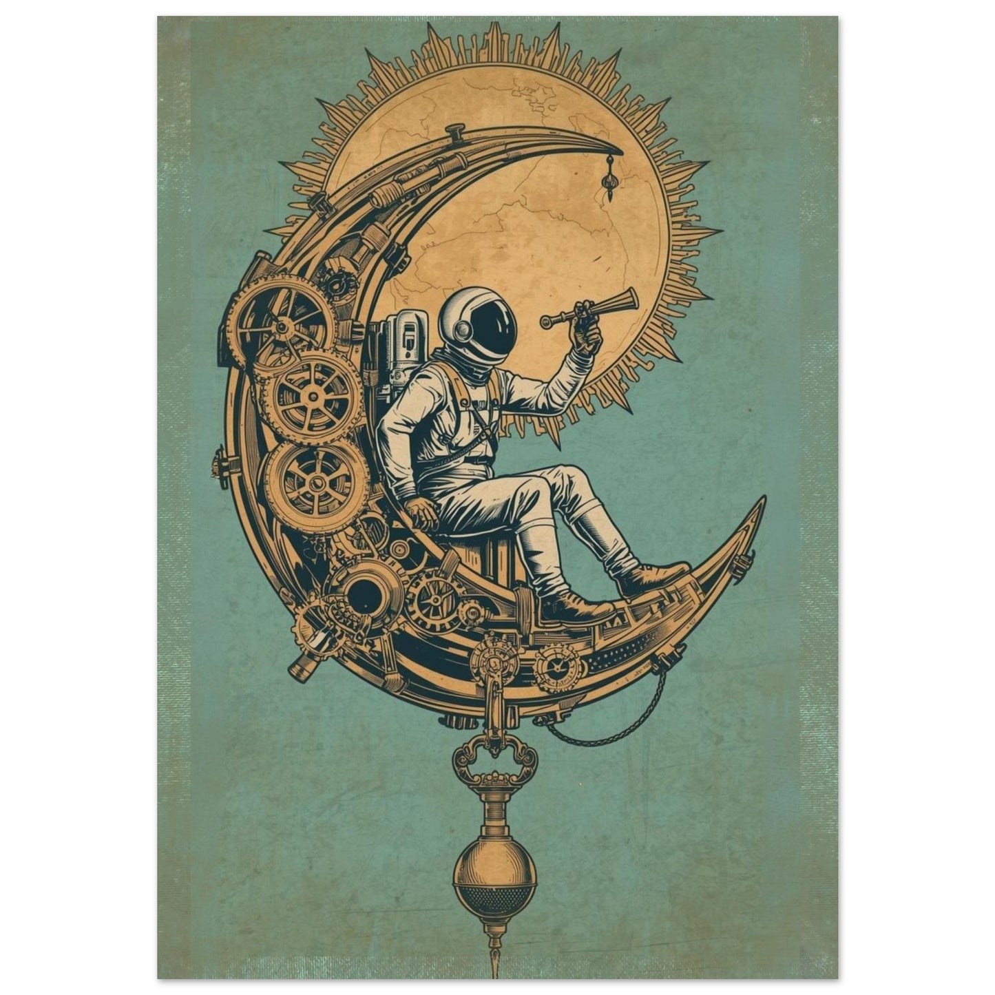 Illustration of an astronaut on a mechanical moon with gears and a telescope, on a textured green background.
