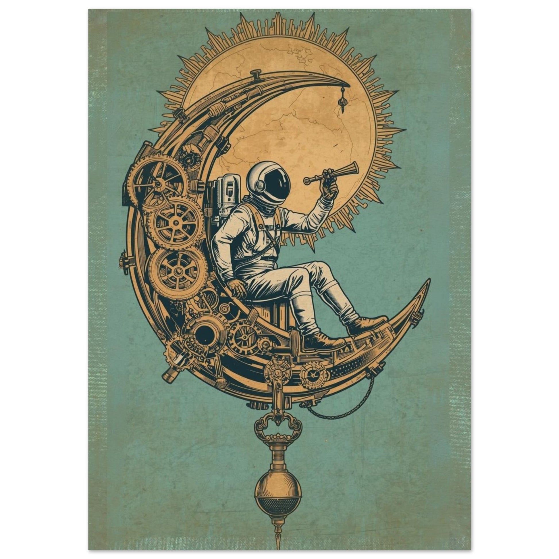 Illustration of an astronaut on a mechanical moon with gears and a telescope, on a textured green background.