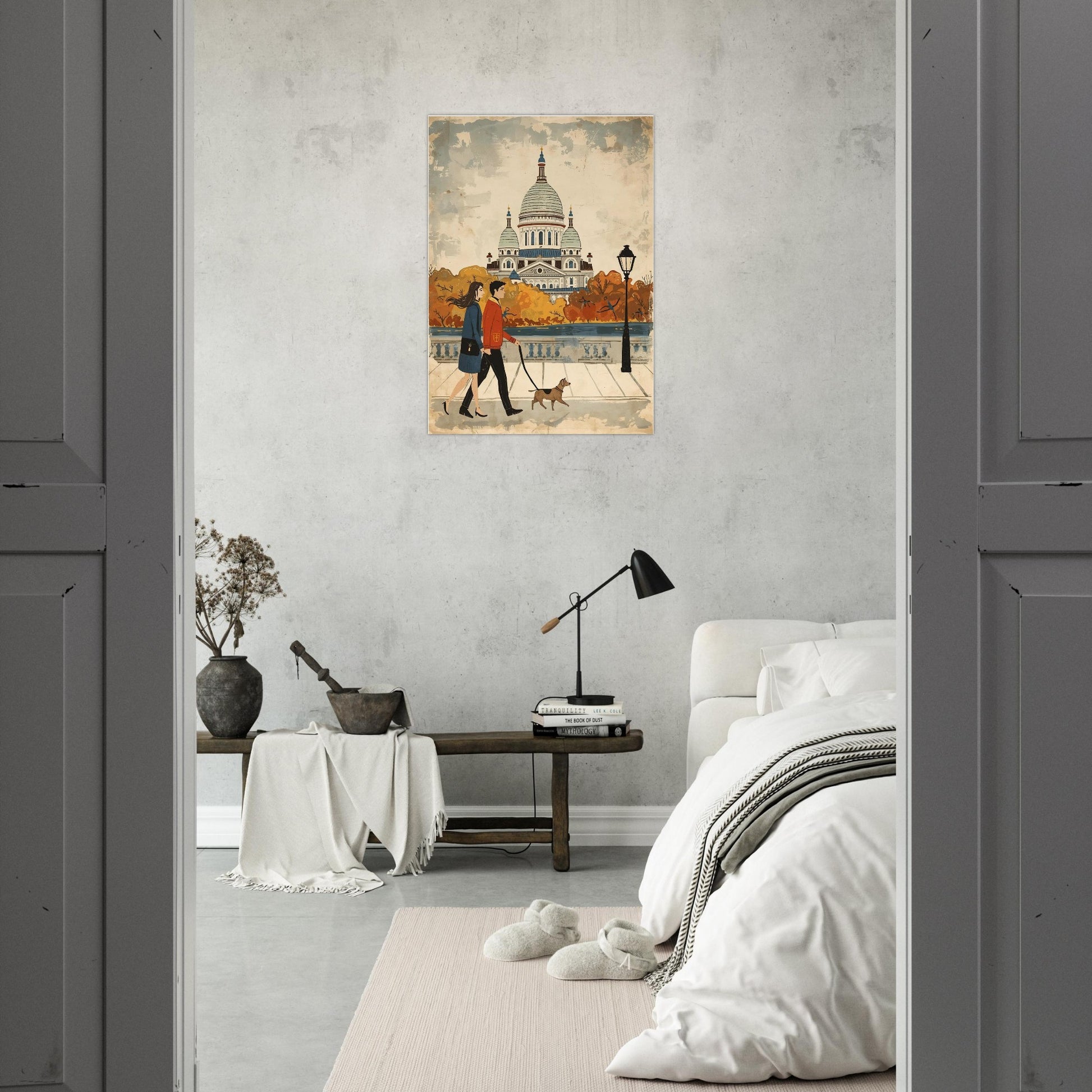 Room interior with a painting of a woman walking a dog in an autumn setting on the wall.