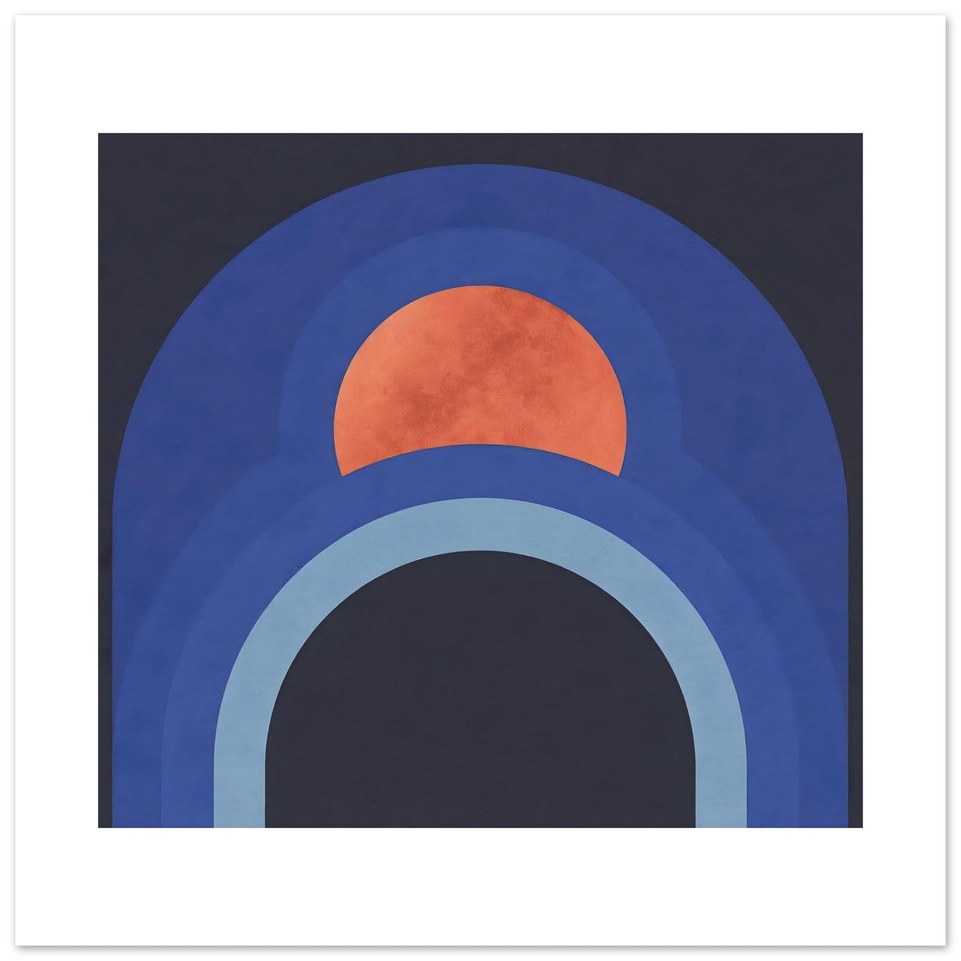 Close-up of modern abstract arch wall art with warm terracotta sun detail