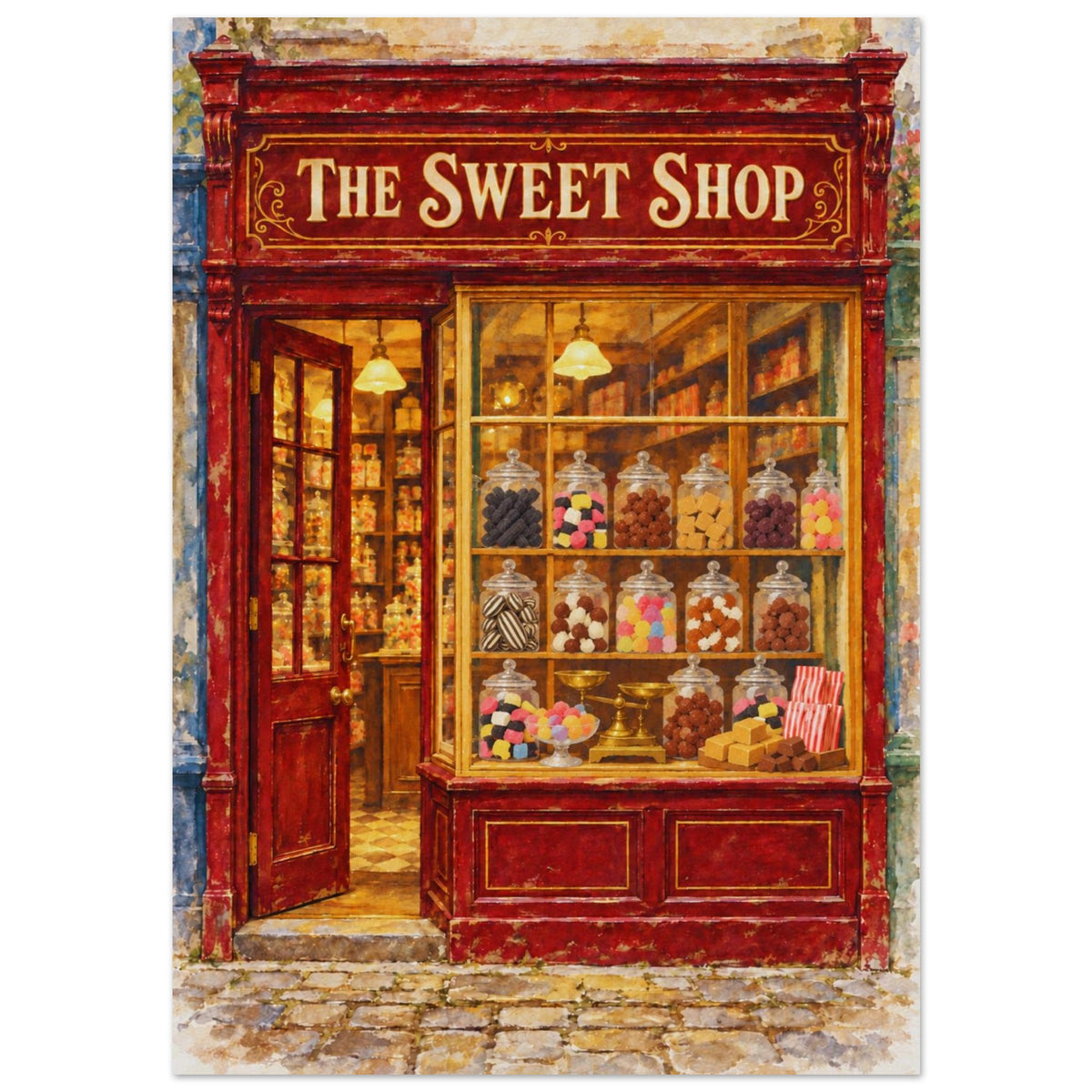 A square art print depicting a vintage-style painting of 'The Sweet Shop' storefront with a red facade, glass display windows filled with colorful candies, and an open door revealing a warmly lit interior.