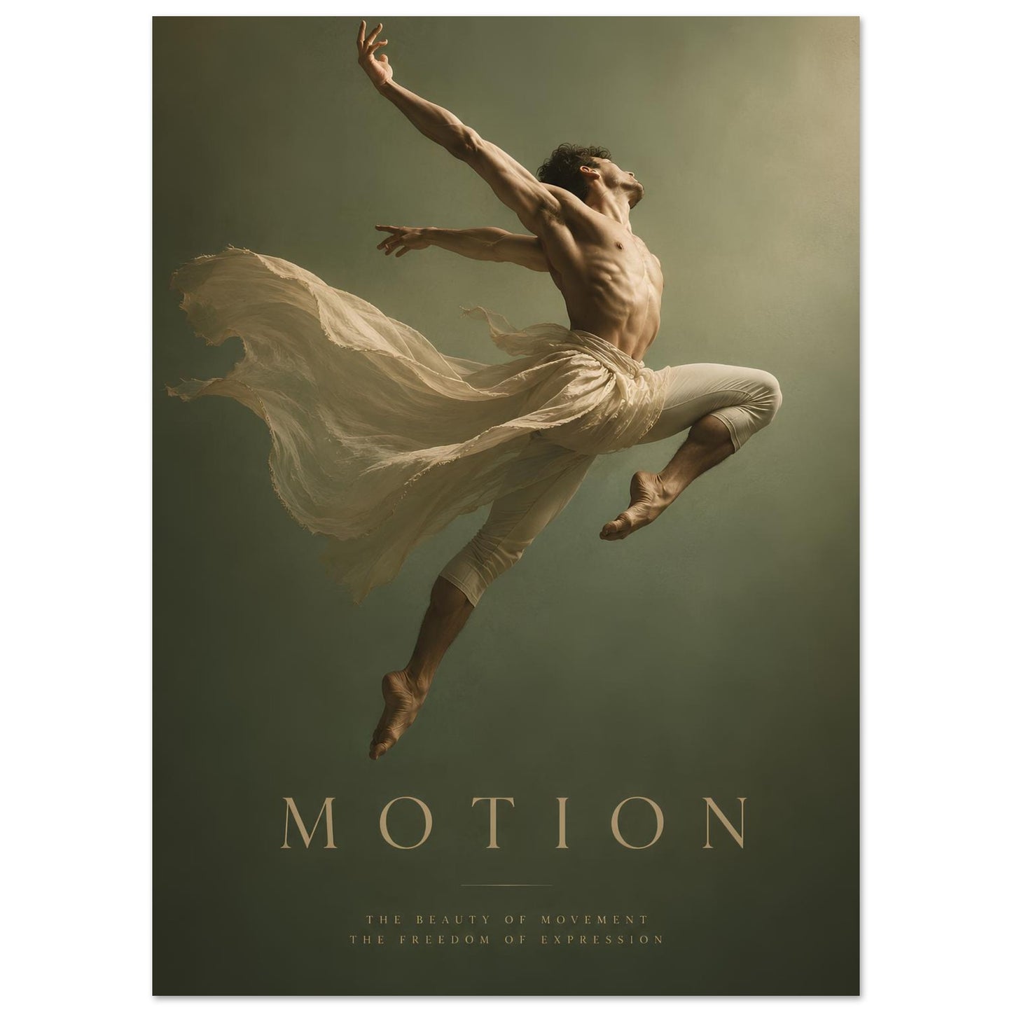 Motion contemporary dancer poster displayed in a modern interior, featuring a male dancer suspended mid-air against a soft sage green background.