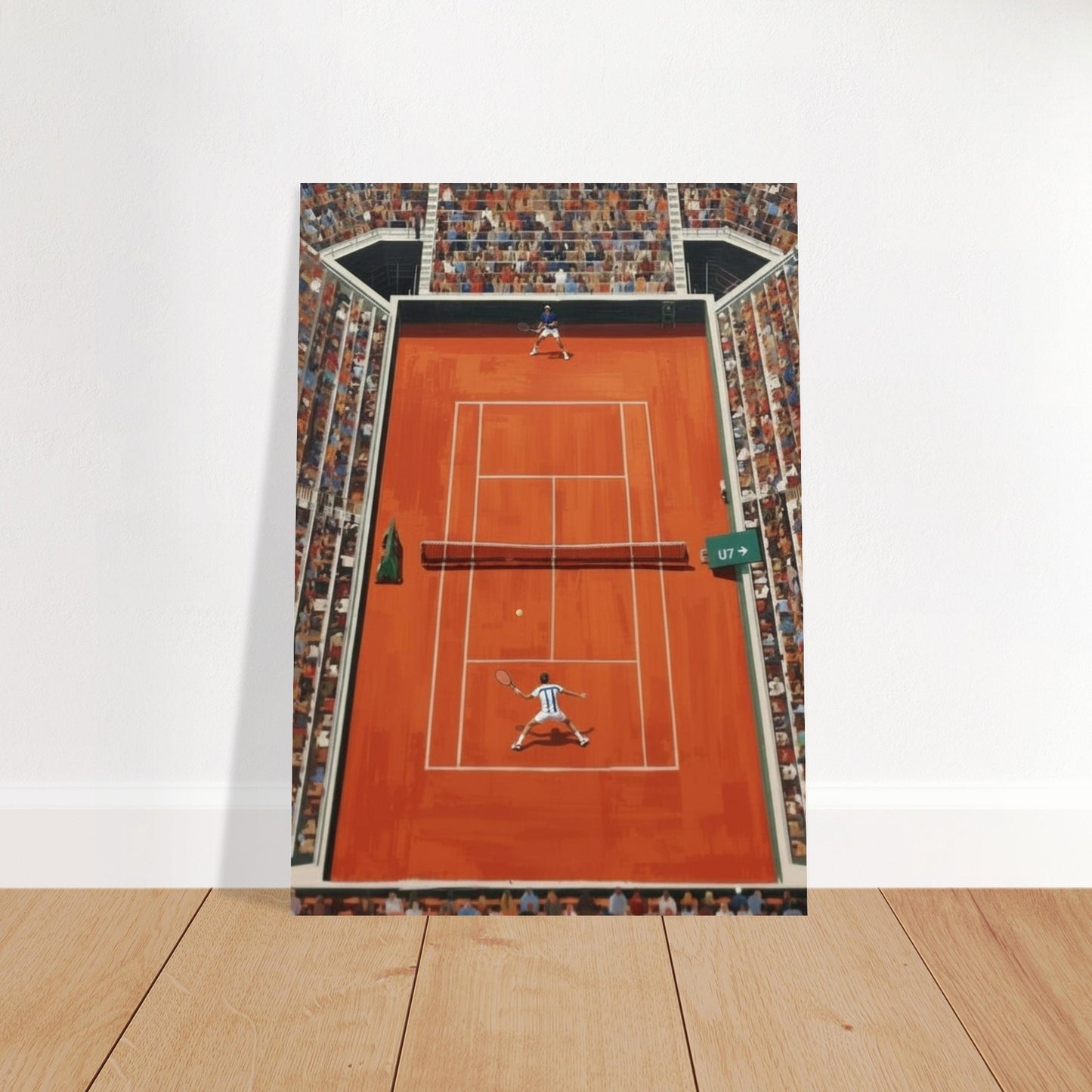 Artistic depiction of a tennis court with players on a white background