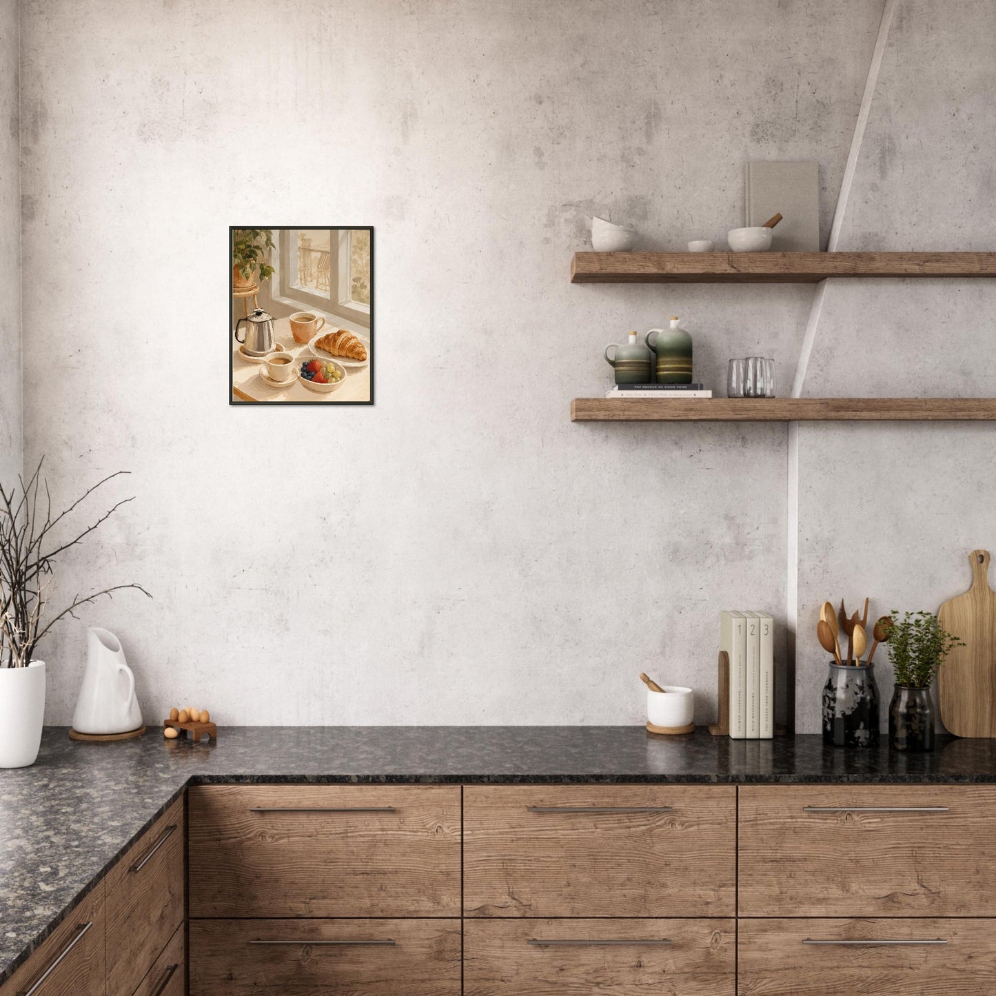 Modern kitchen with wooden cabinets, gray countertops, and decorative items.