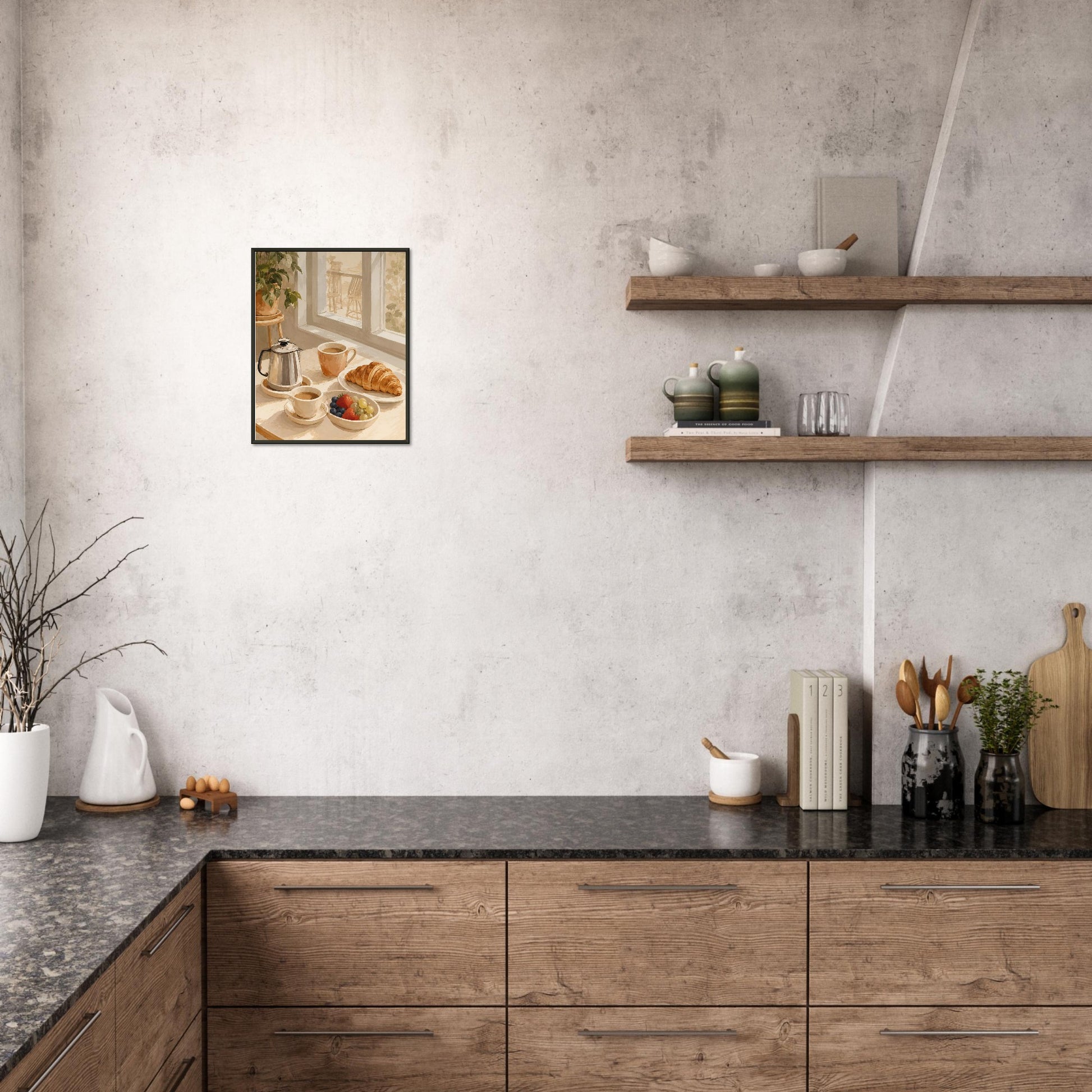 Modern kitchen with wooden cabinets, gray countertops, and decorative items.