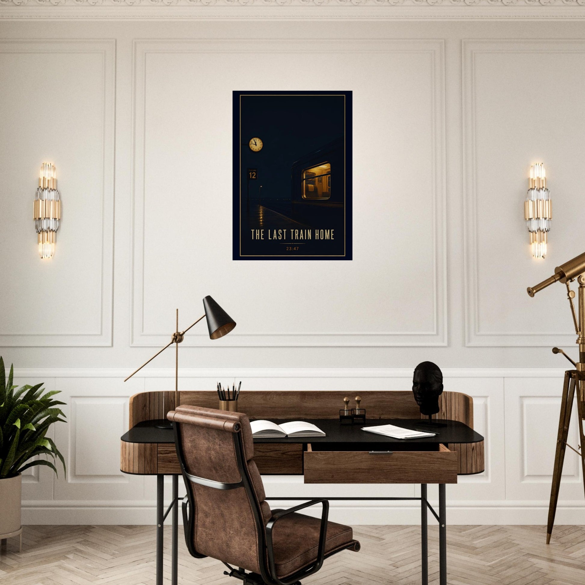 Modern office setup with a desk, chair, and framed artwork of the Last Train Home Poster