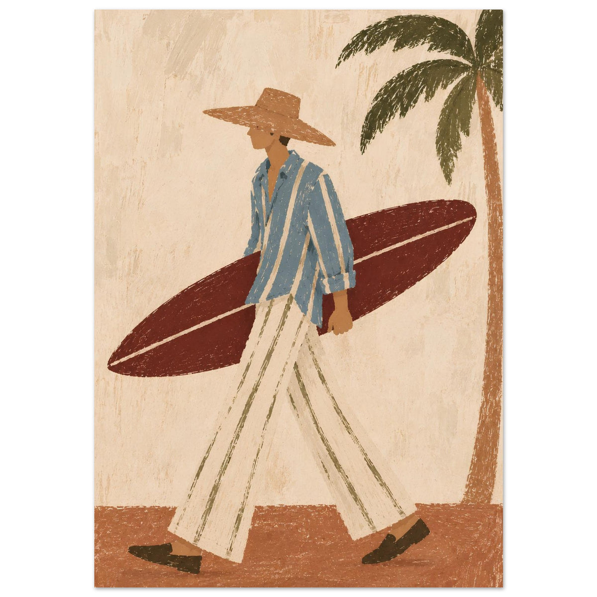 An illustration of a man in a wide-brimmed hat, blue striped shirt and cream trousers carrying a burgundy surfboard beside a palm tree.